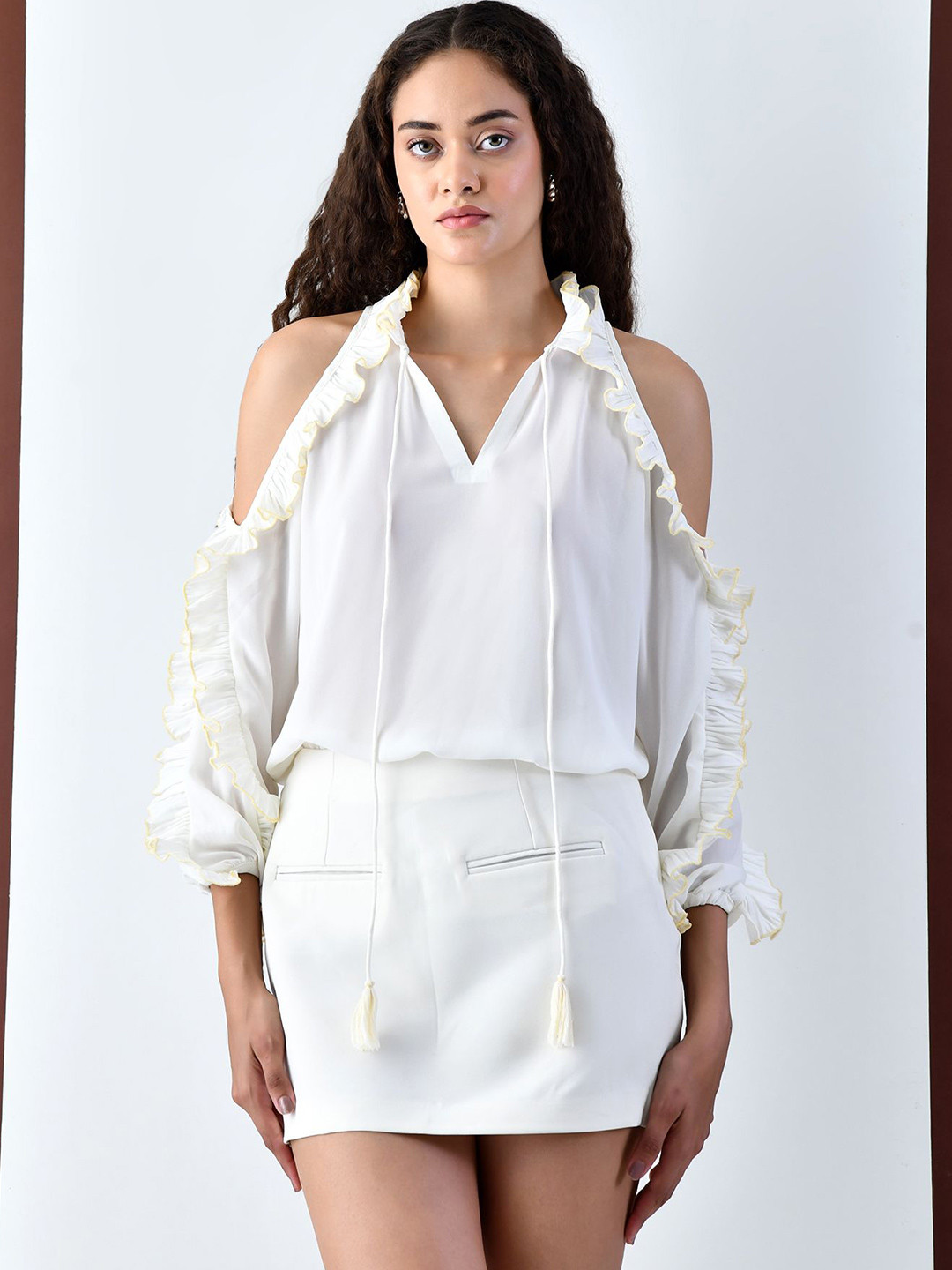 KELIN Women Cold-Shoulder Ruffles Cotton Top