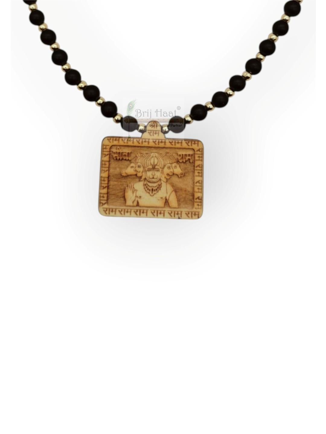 BRIJ HAAT Unisex Wooden Carving Five Face Hanuman Pendant With Black Crystal Chain