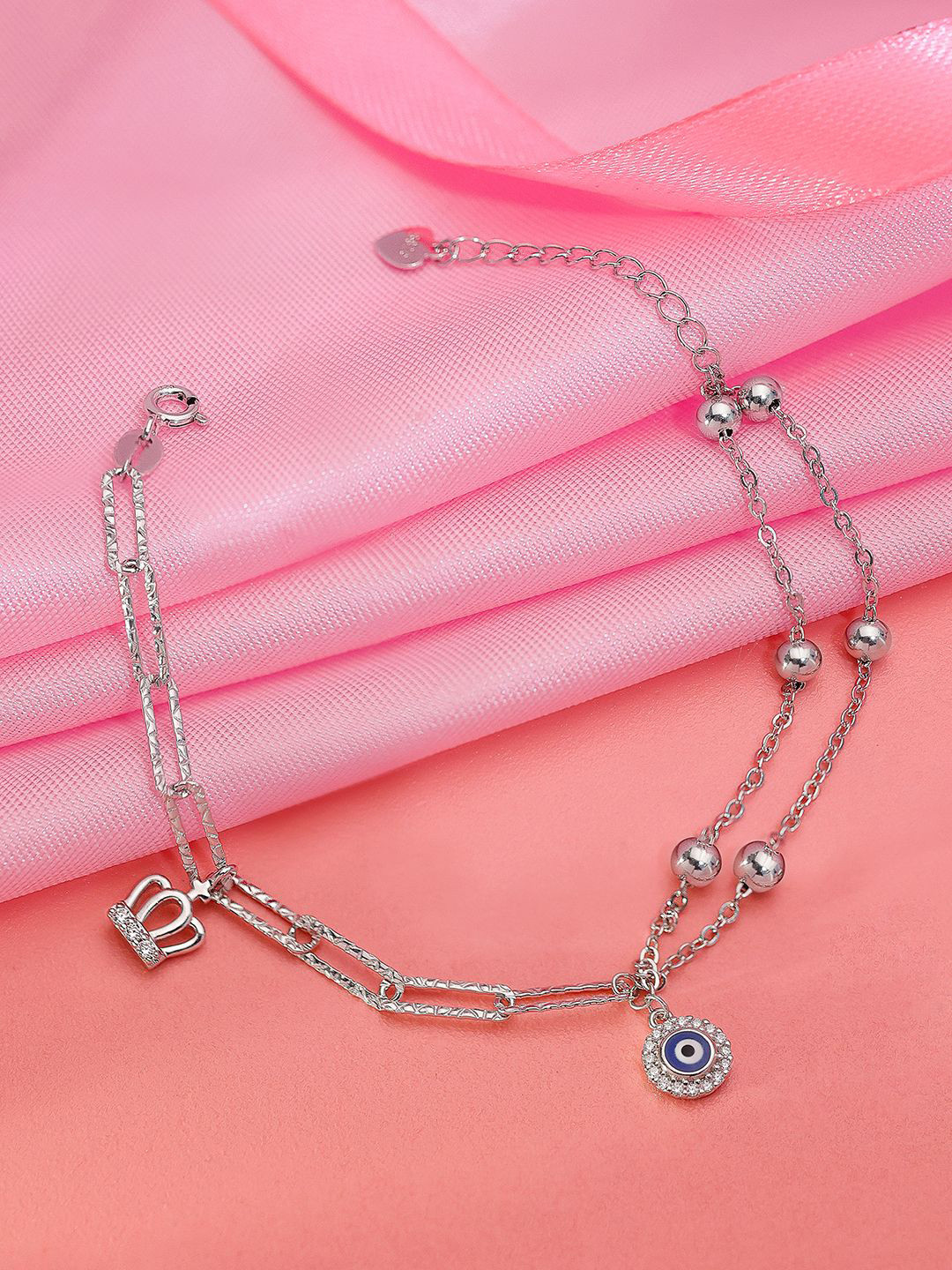 Tweov Jewels Women 925 Sterling Silver Rhodium-Plated Evil Eye Queen Chain Bracelet