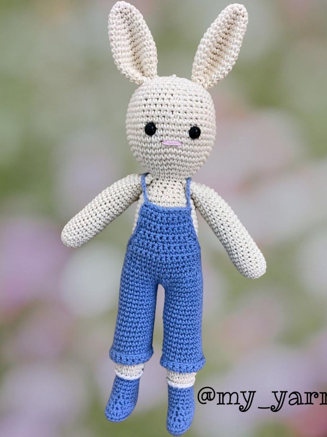 My Yarnery Handmade White & Blue Crochet Cotton Bunny Soft Toy for Kids