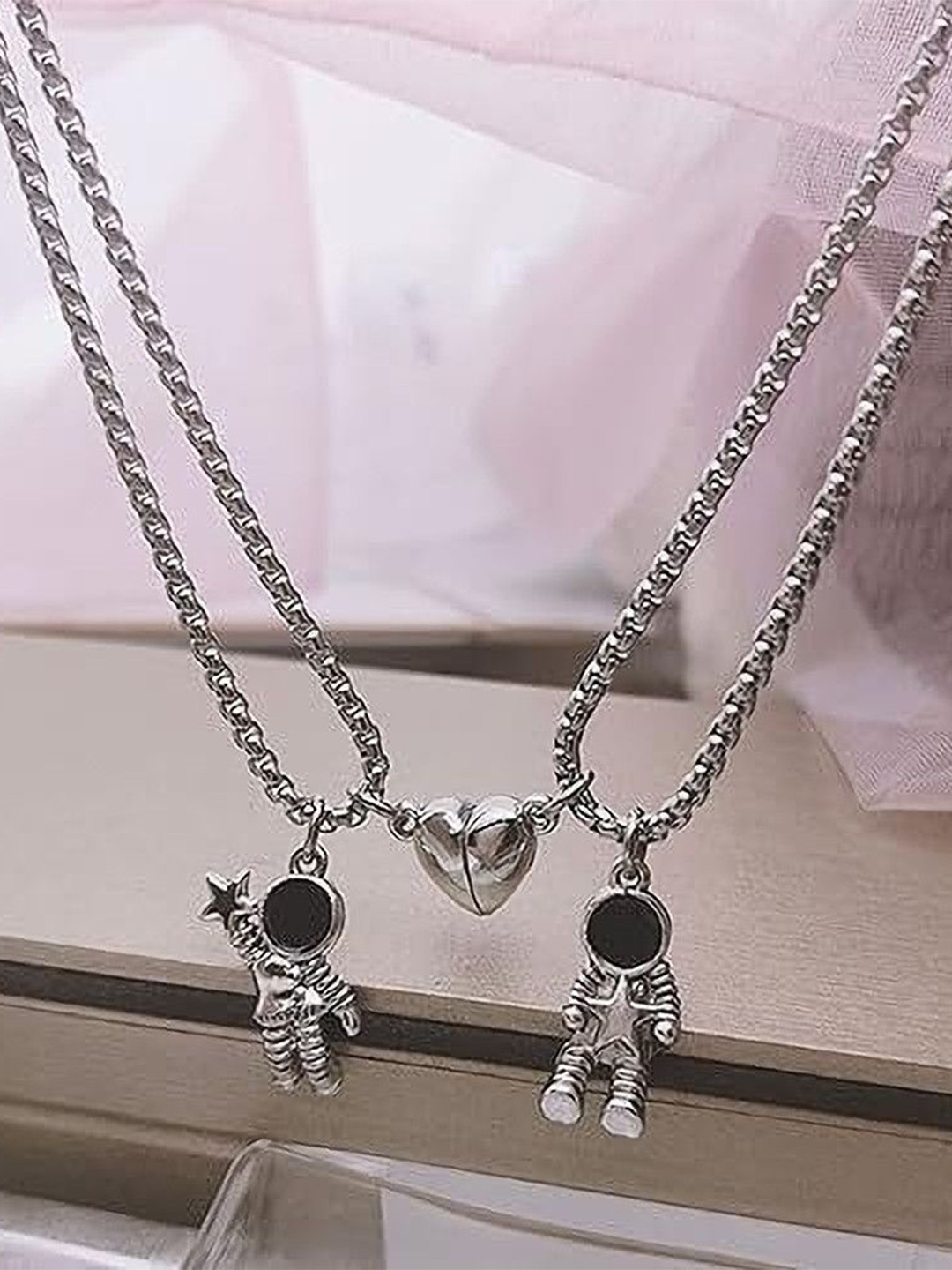 Teeragaj Unisex Set Of 2 Artificial Stones-Studded Robot Pendants With Chains