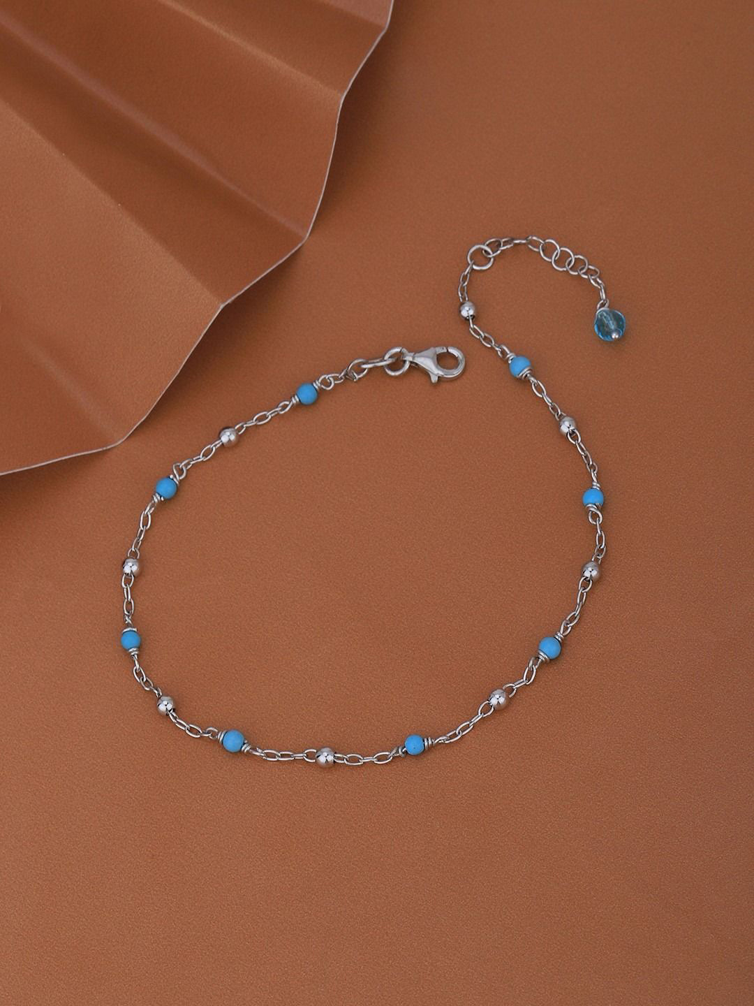 VANBELLE 925 Sterling Silver Rhodium Plated Glass Bead Link Anklet