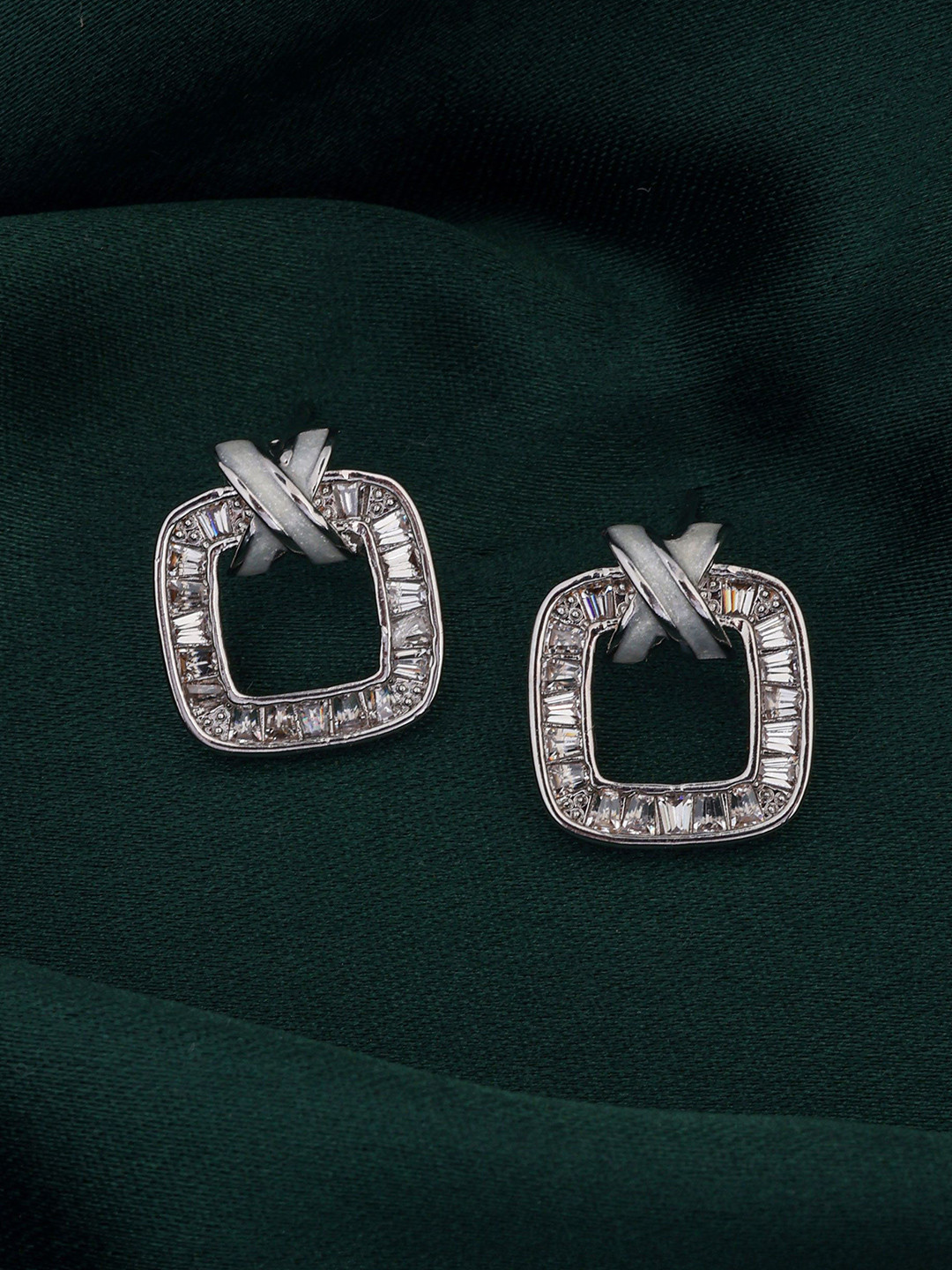 SHONA'S STYLE Stainless Steel Rhodium-Plated AD Studded Square Shaped Studs