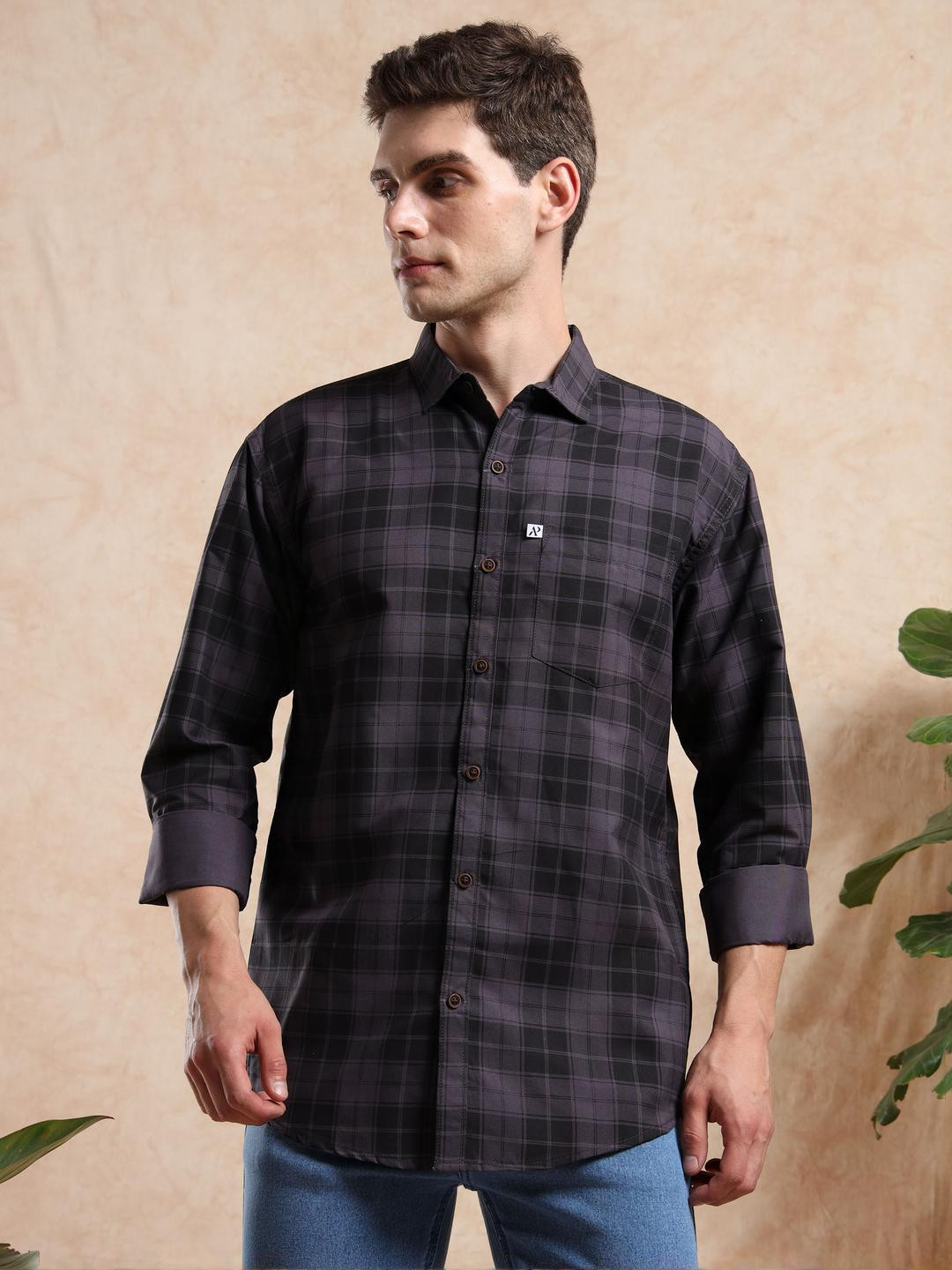 ALLWIN PAUL Men Grey Tartan Checks Casual Shirt
