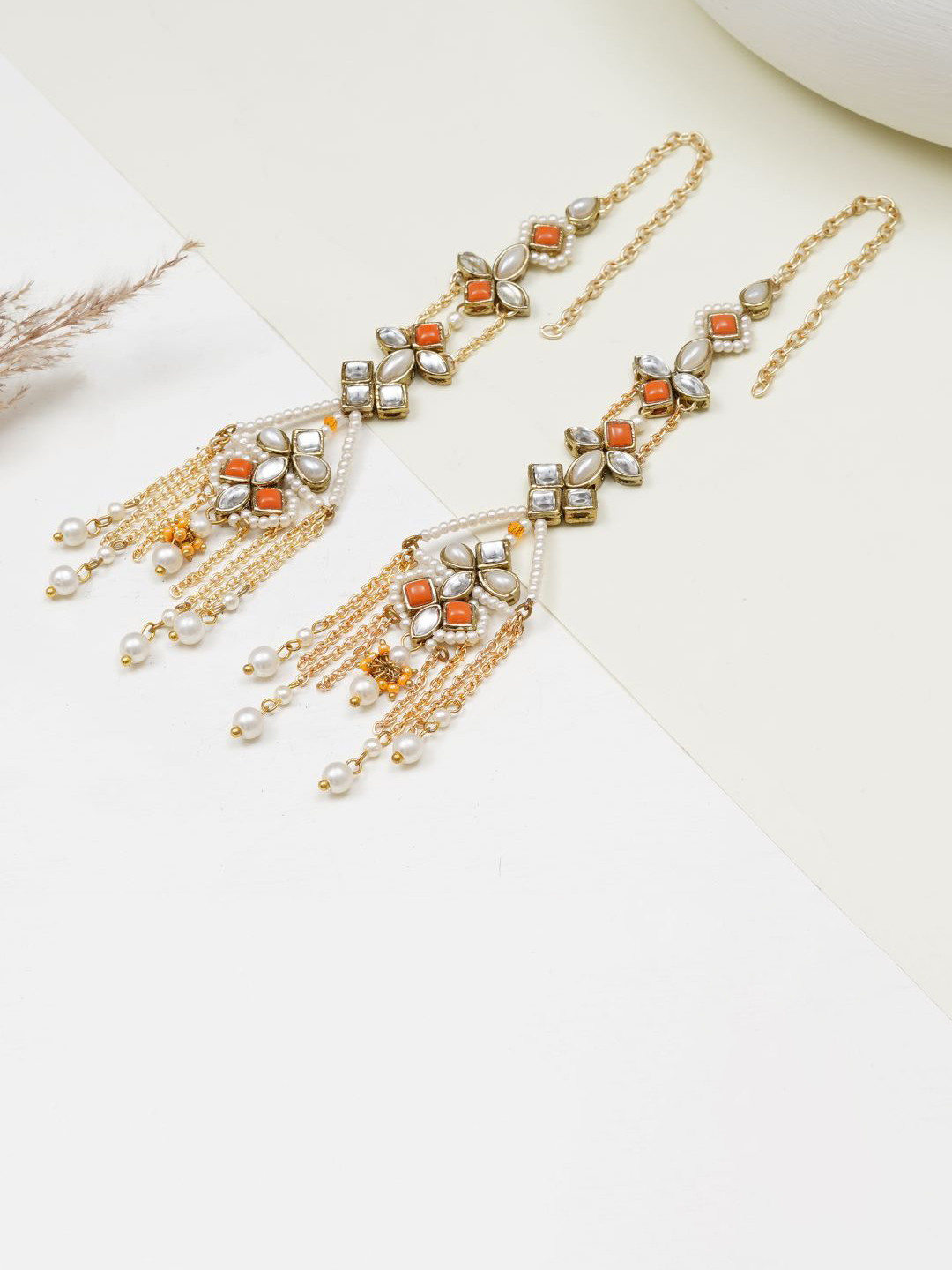 BeAbhika Gold-Plated Floral Shaped Kundan Dangler Drop Earrings With Ear Chain