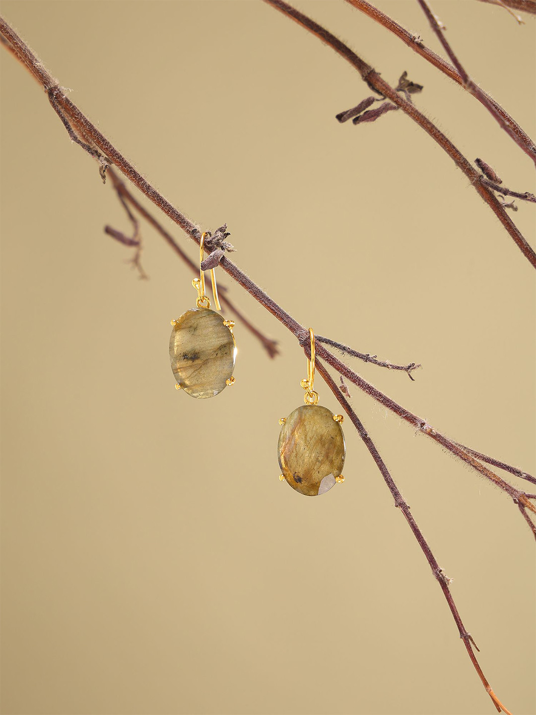 Exotic India Sterling Silver Gold-Plated Faceted Labradorite Oval Drop Earrings