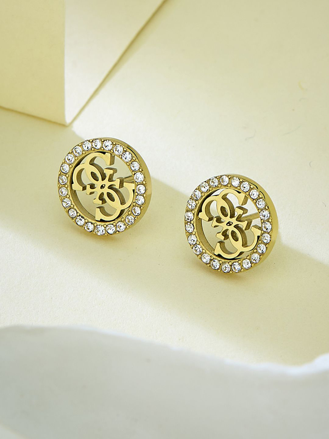 GUESS Women Artificial Stones Studded Gold-Plated Stainless Steel Earrings