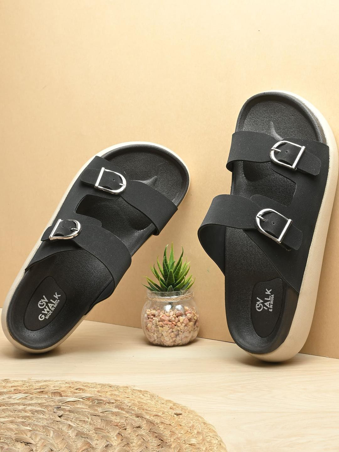 GWALK Men Black Dual Strap Comfort Sandals with Buckle Detail