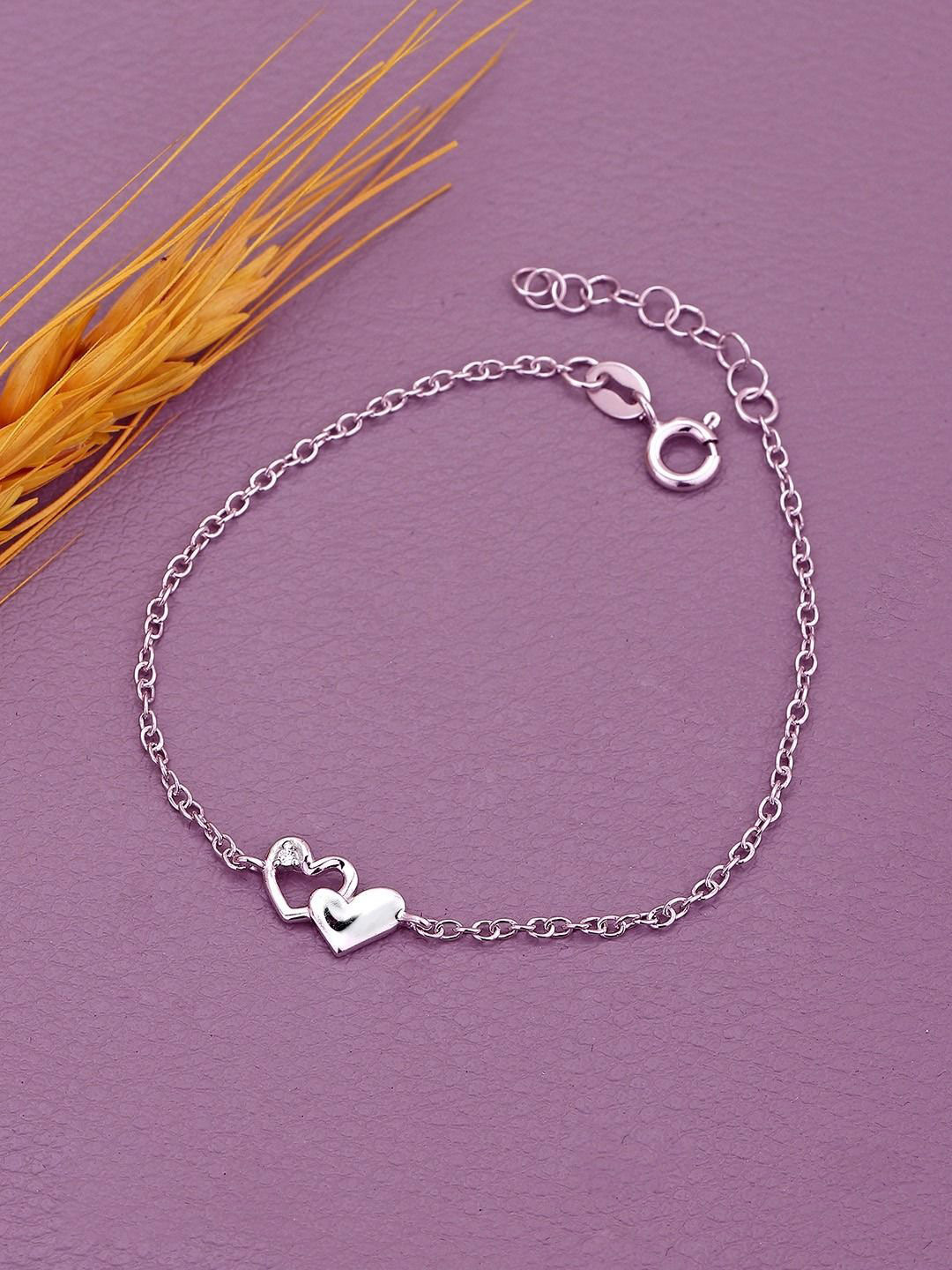 VANBELLE 925 Sterling Silver Rhodium Plated CZ Double Heart Charm Bracelet