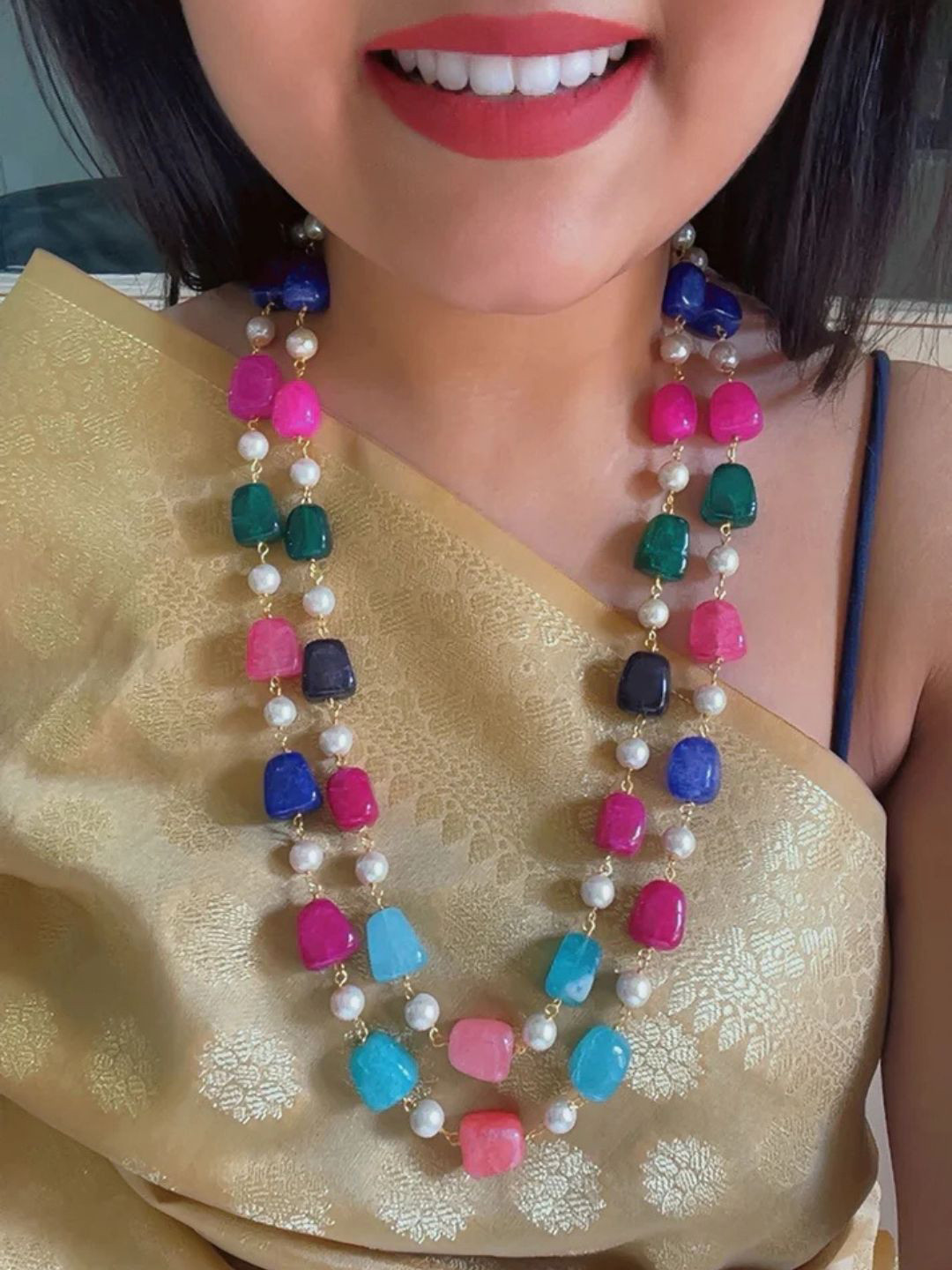 Raj Gems Natural Multi Quartz & Pearls Gemstone Beaded Necklace Jewellery