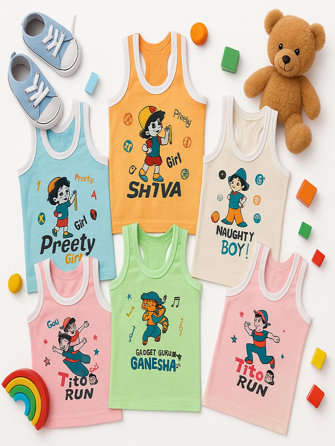 CORTICA Unisex Kids Pack of 6 Colorful Printed Cotton Vests