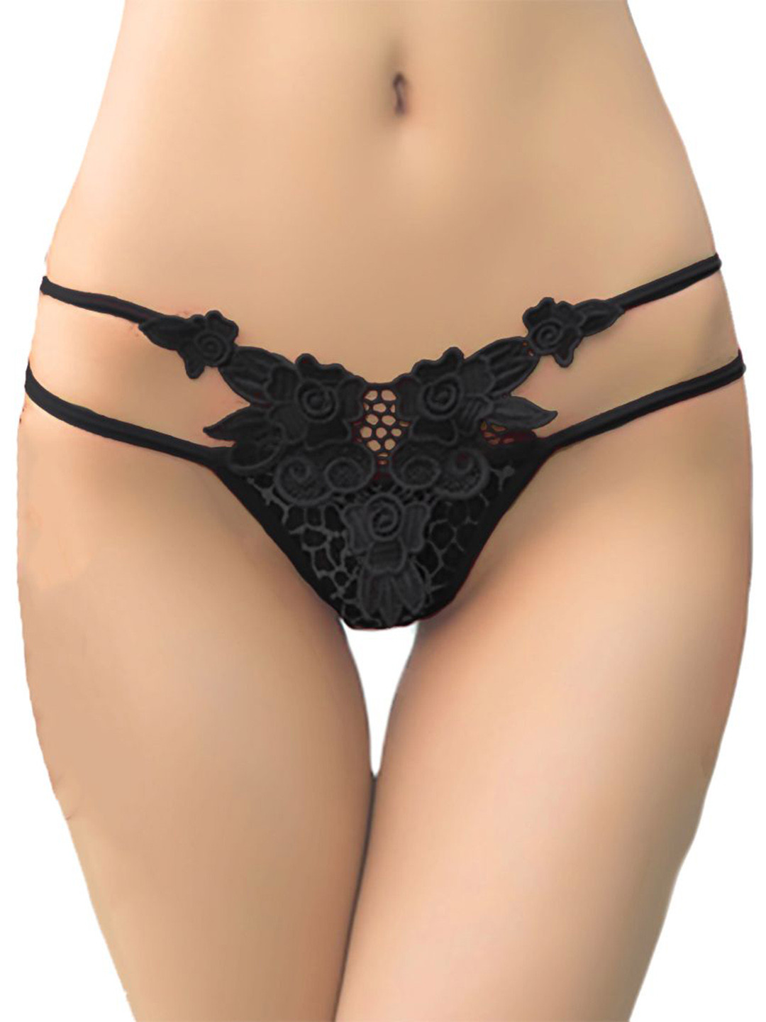 Xs and Os Self Design Lace Thong Briefs PAN_X001_BLACK_SMALL