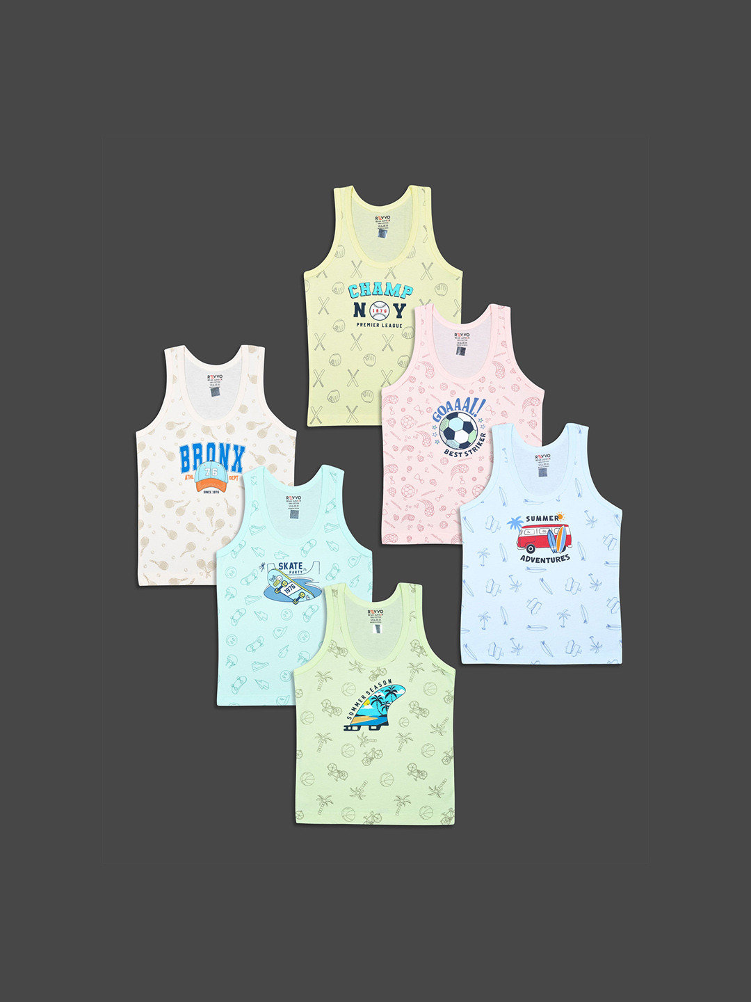 Revvo Junior Boys Pack Of 6 Printed Pure Cotton Basic Innerwear Vests RJV-108 P6