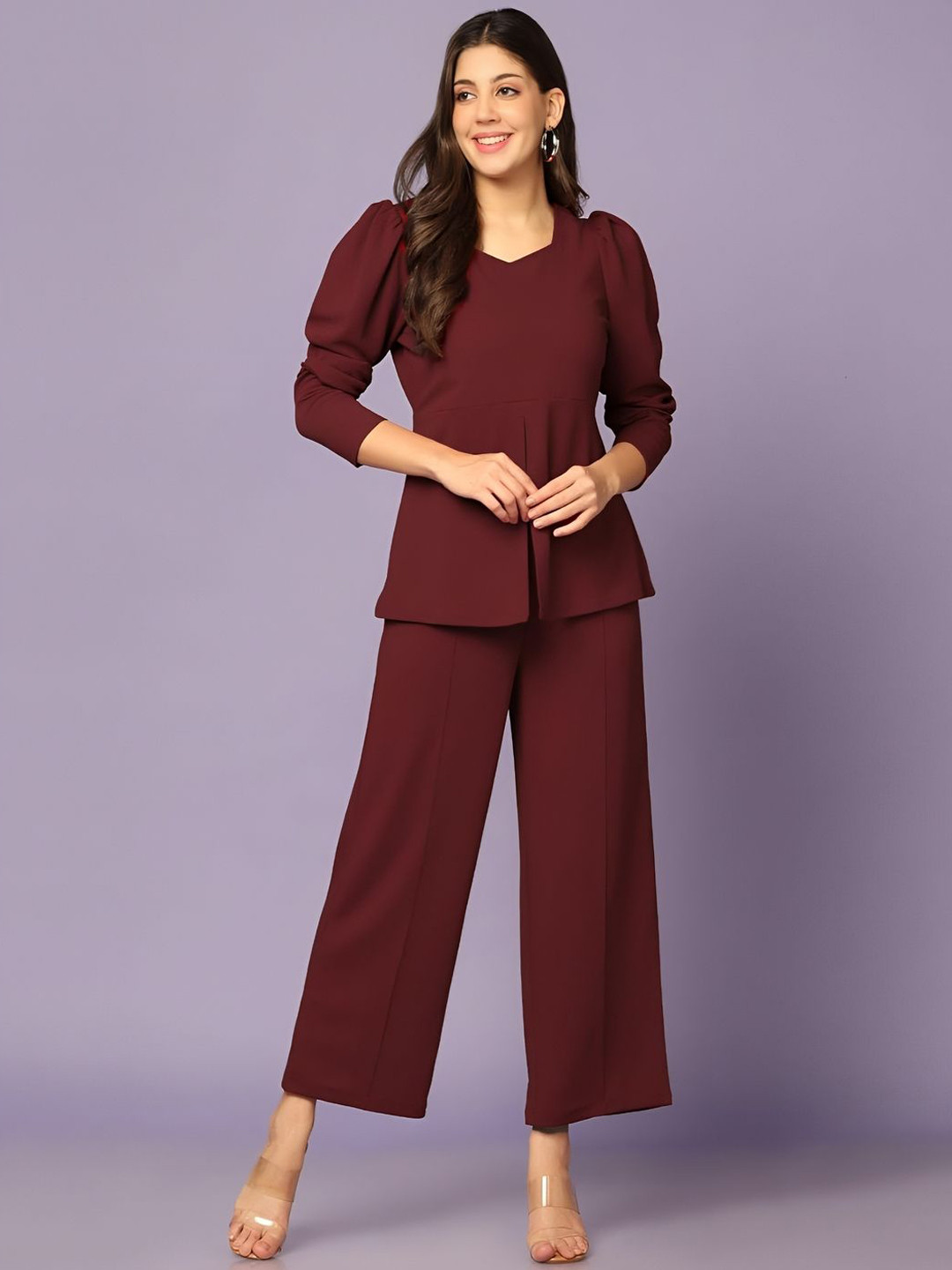 Mast & Harbour V-Neck Three Fourth Sleeve Top With Trousers Co-Ords