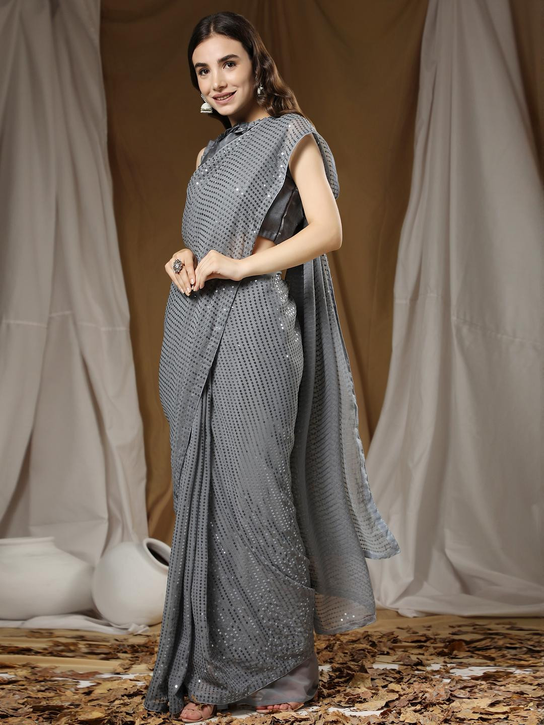 CaniBani Grey Pure Georgette Sarees