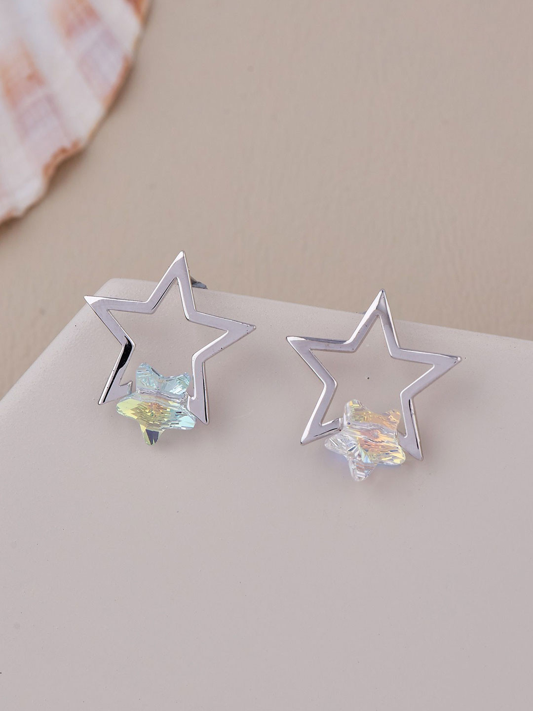 GC PREMIUM JEWELLERY Stainless Steel Silver-Plated Crystals Studded Star Studs