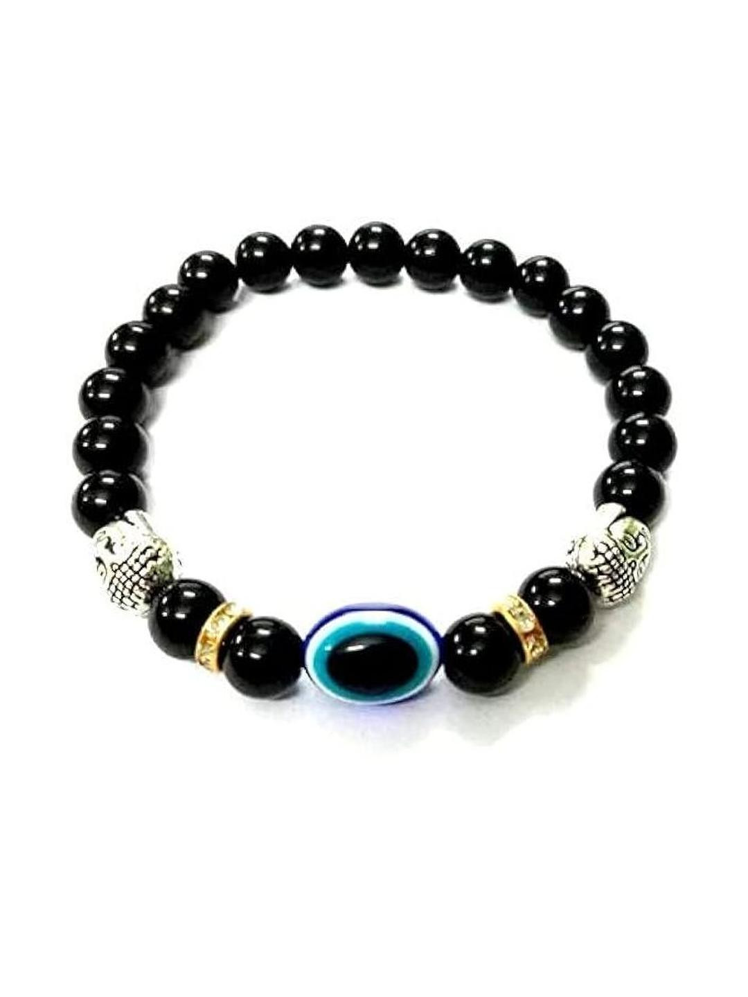 VIBESLE  Adult Evil Eye & Black Crystal Beaded Bracelet