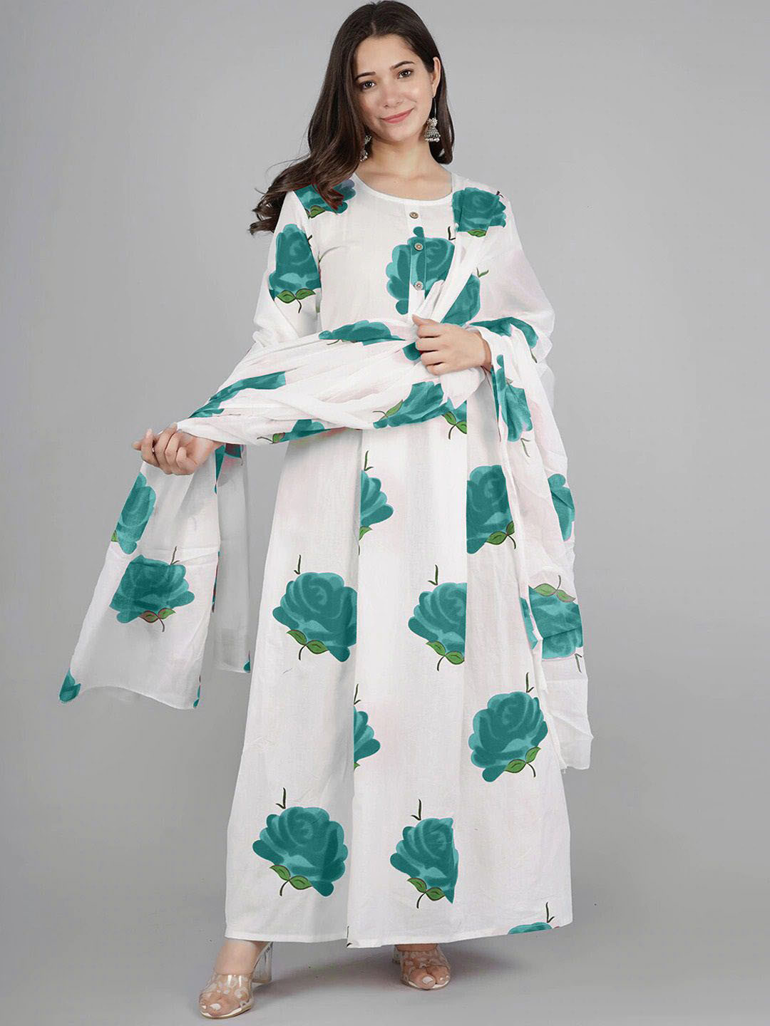 THE FAB FACTORY Floral Printed Cotton Maxi Dress with Dupatta