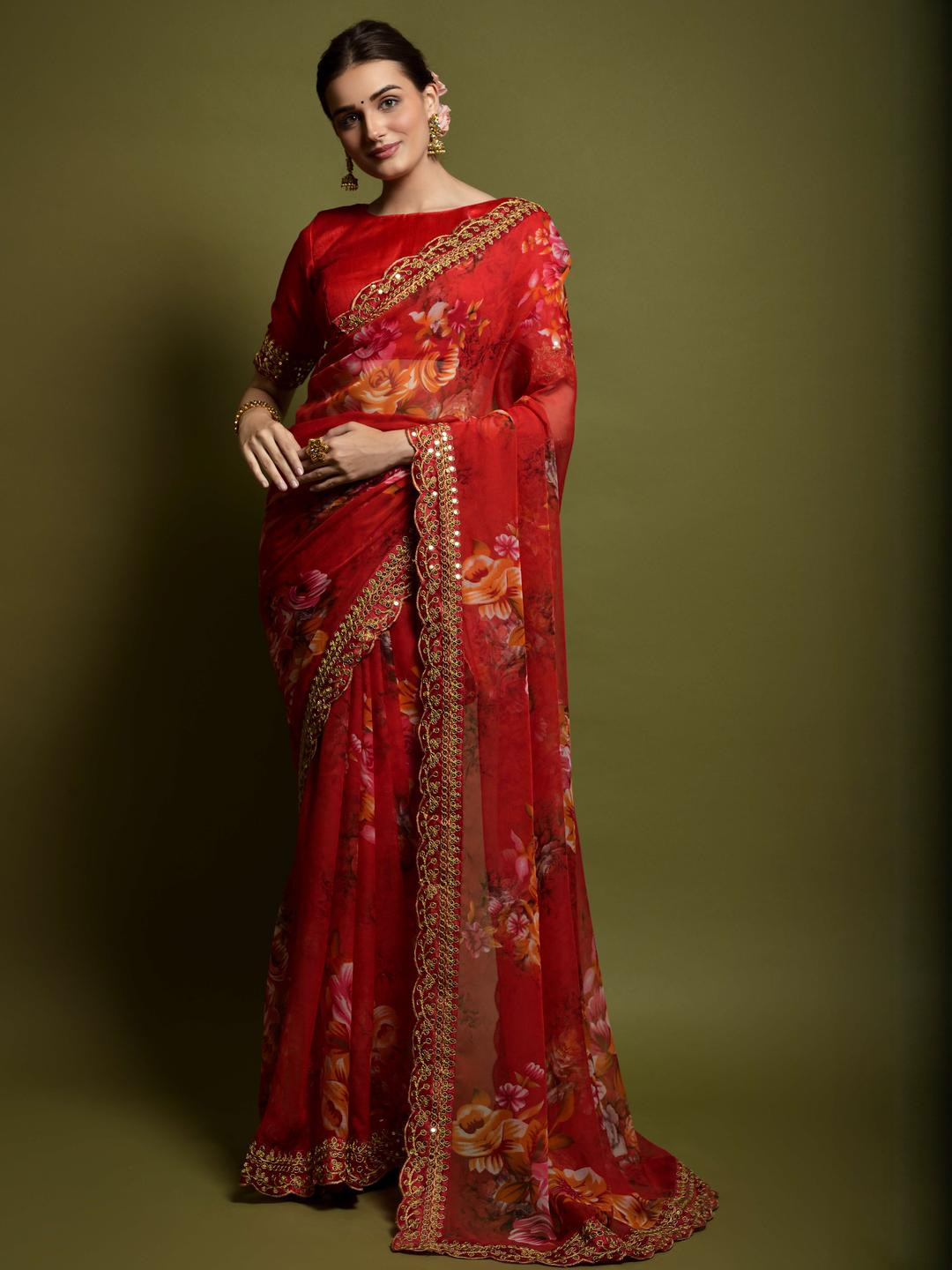 CaniBani Red Pure Chiffon Sarees