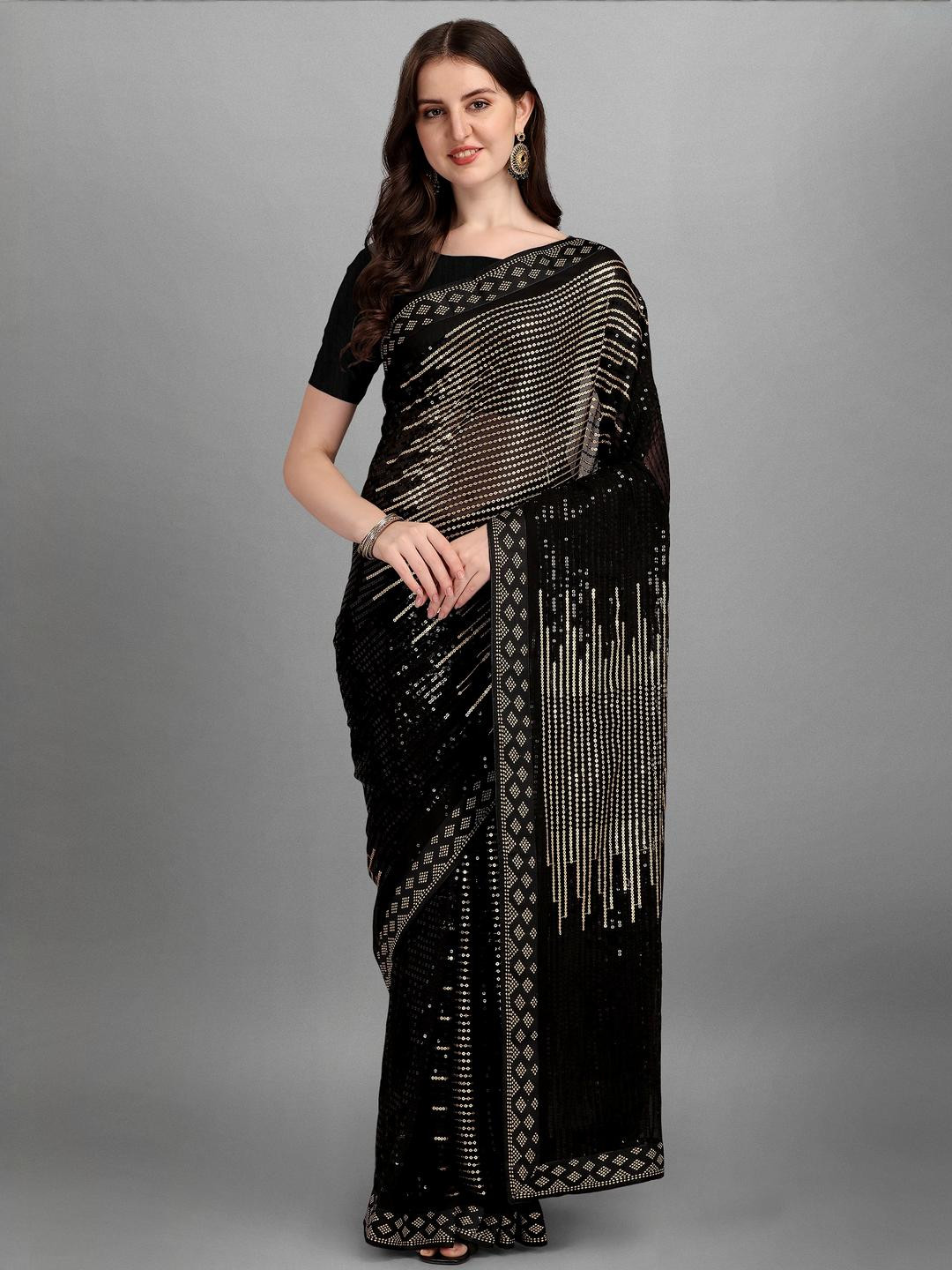 CaniBani Woven Design Black Pure Georgette Saree