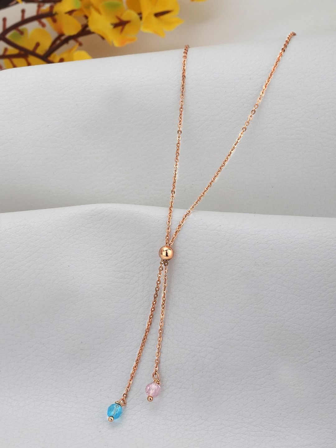VANBELLE 925 Sterling Silver 18kt Rose Gold Plated Glass Bead Lariat Necklace