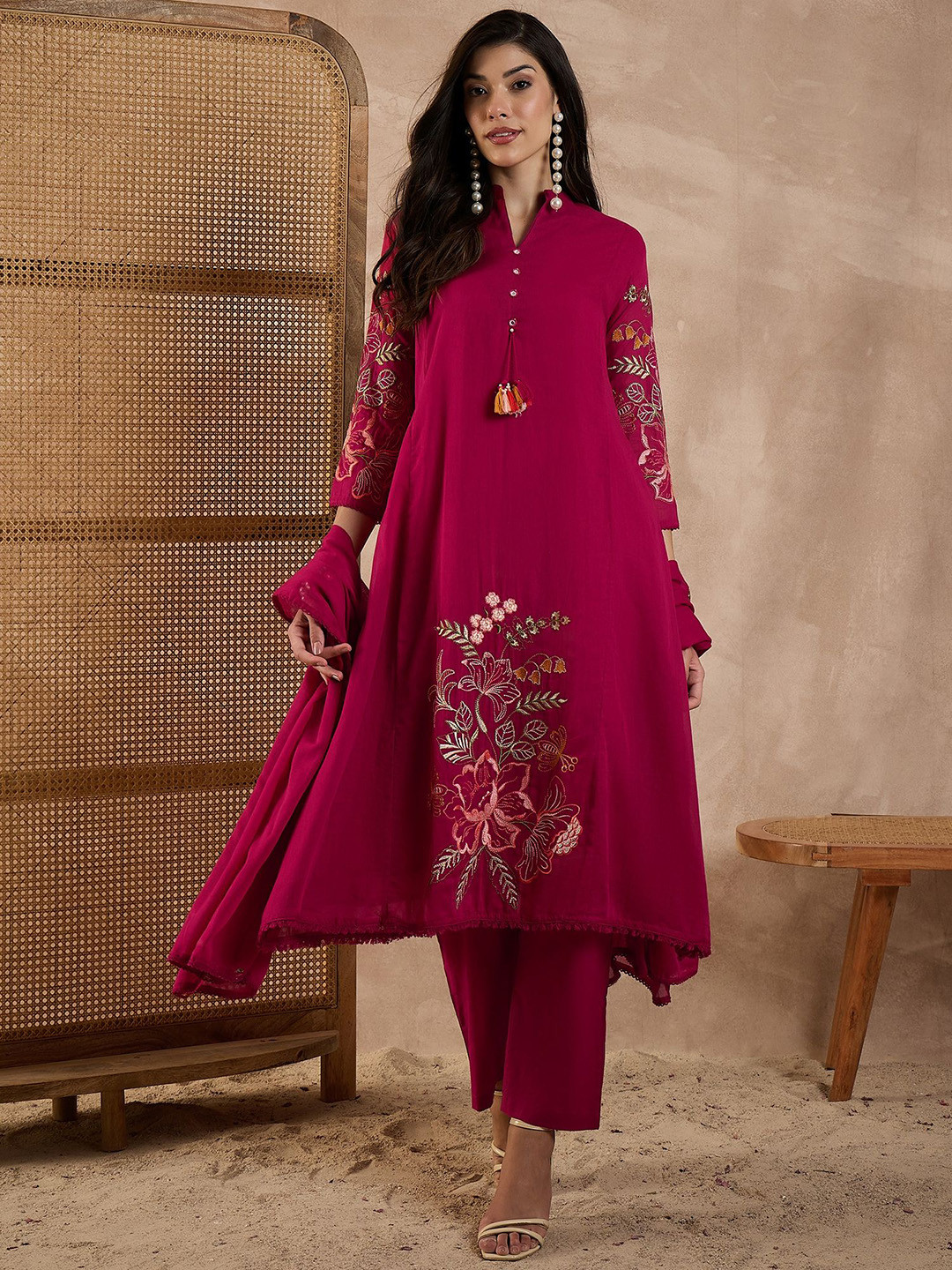 CHETI Women Floral Embroidered A-Line Kurta with Trousers & Dupatta