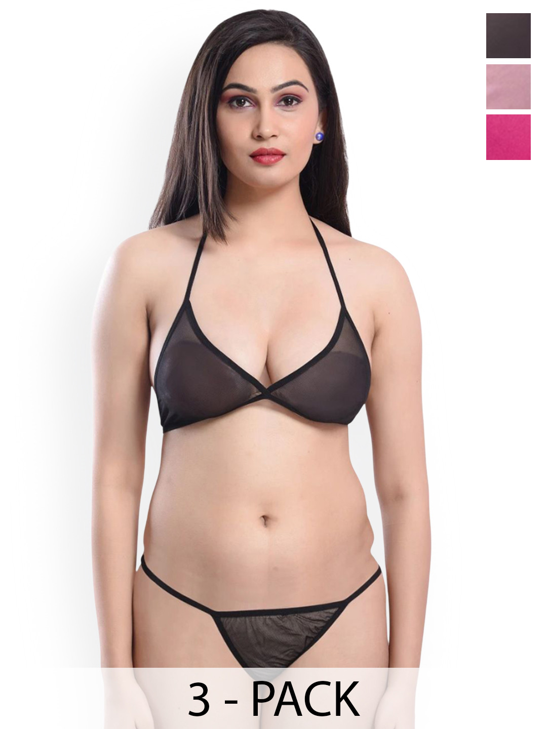 Xs and Os Pack Of 3 Lightly-Padded Lingerie Sets CB3_BP_POW_X1_BLK_ROSE_BPINK_NY_SMALL