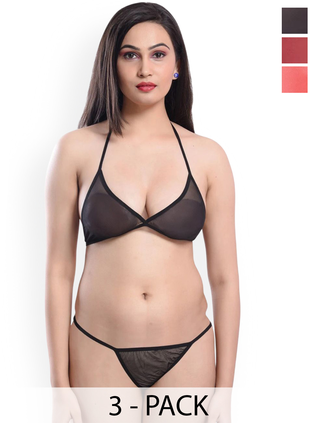 Xs and Os Pack Of 3 Lightly-Padded Lingerie Sets CB3_BP_POW_X1_BLK_RED_GAJARI_NY_SMALL