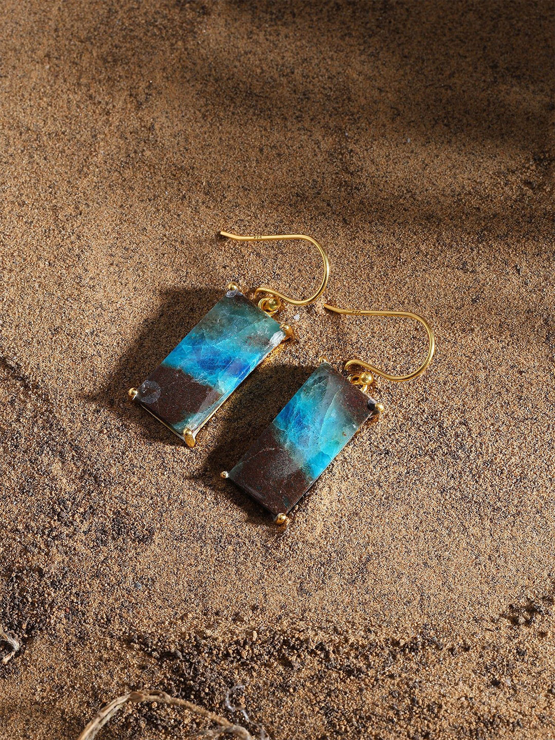 Exotic India Sterling Silver Gold-Plated Geometric Shaped Chrysocolla Stoned Drop Earrings