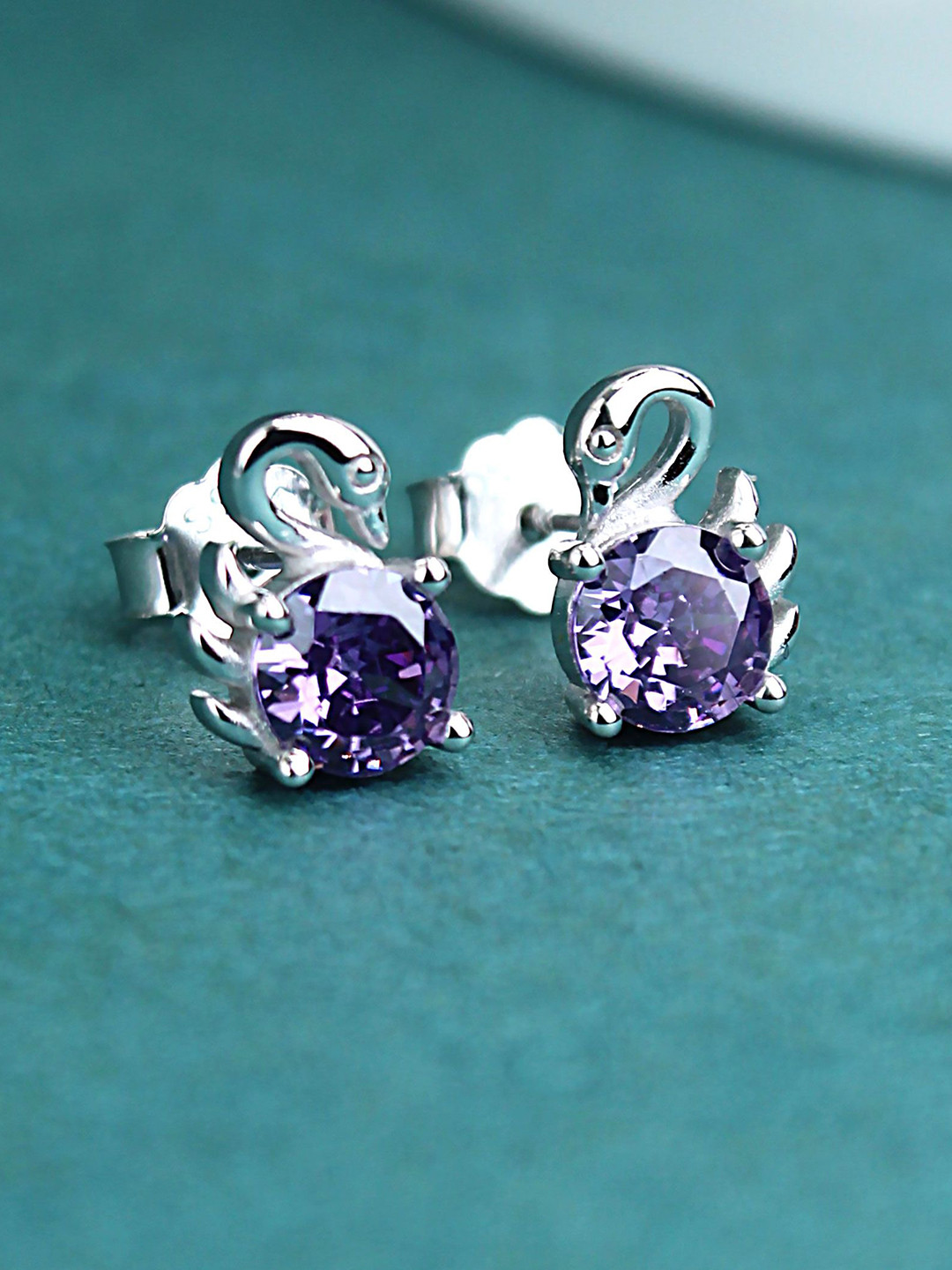 DEVASHREE 925 Sterling Silver Rhodium-Plated Cubic Zirconia Studded Classic Swan Studs