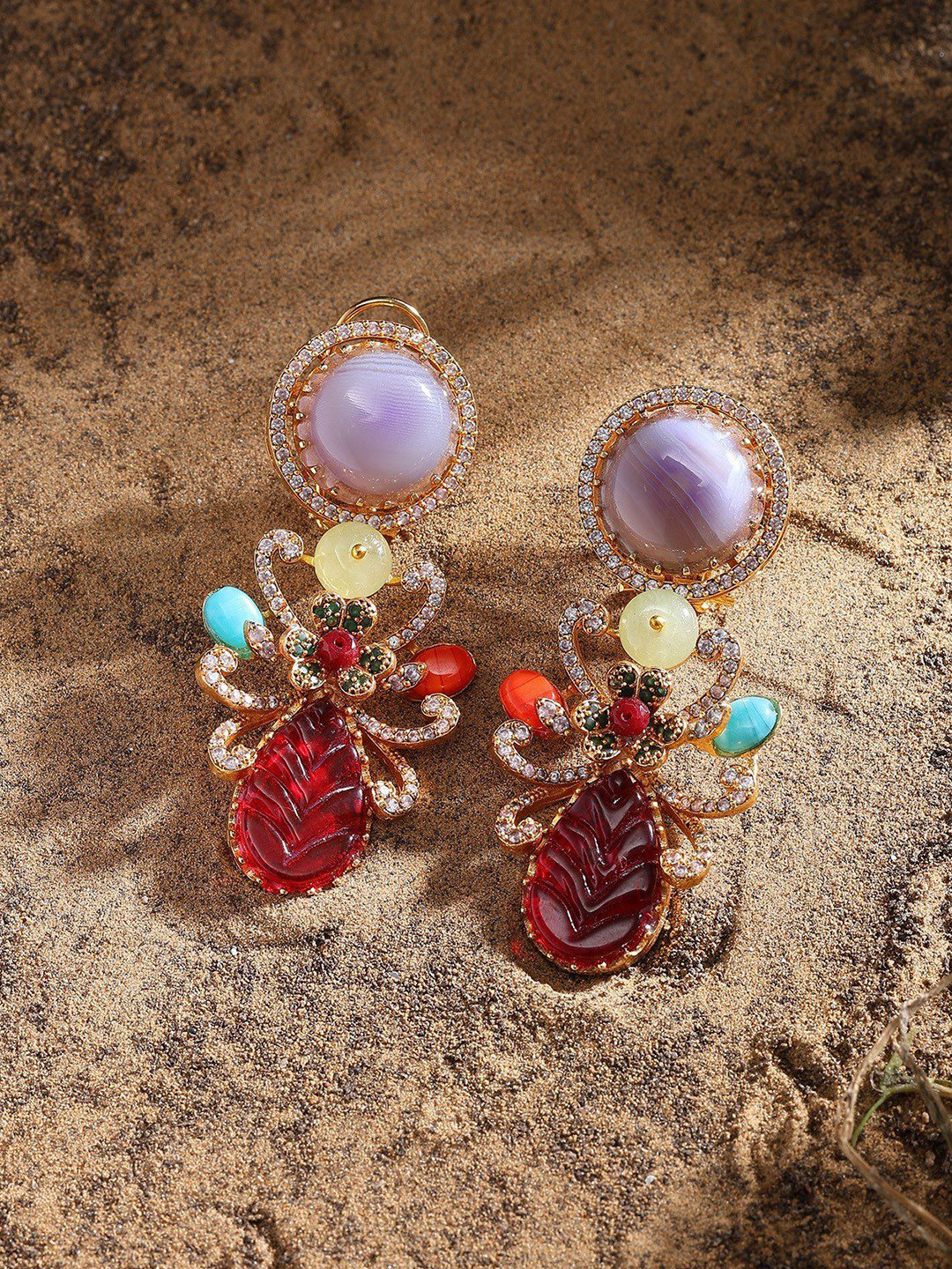 Exotic India Gold-Plated Artificial Stone Studded Floral Drop Earrings