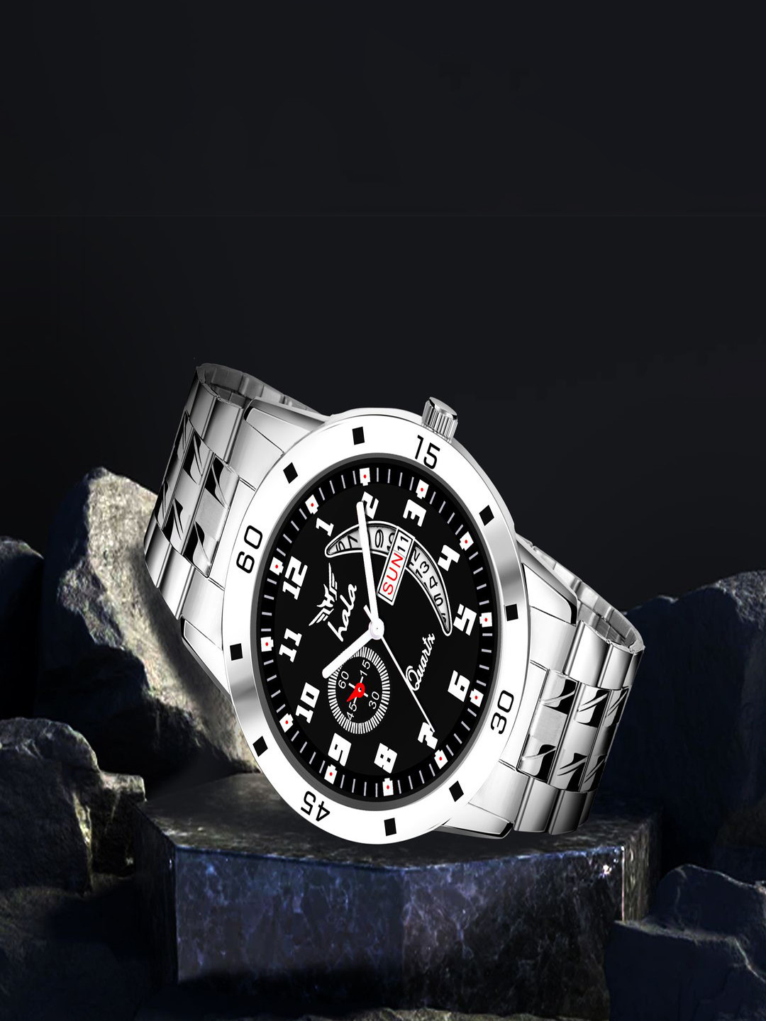 Hala Men Round Dial & Stainless Steel Bracelet Style Straps Analogue Watch HL-8188-Black