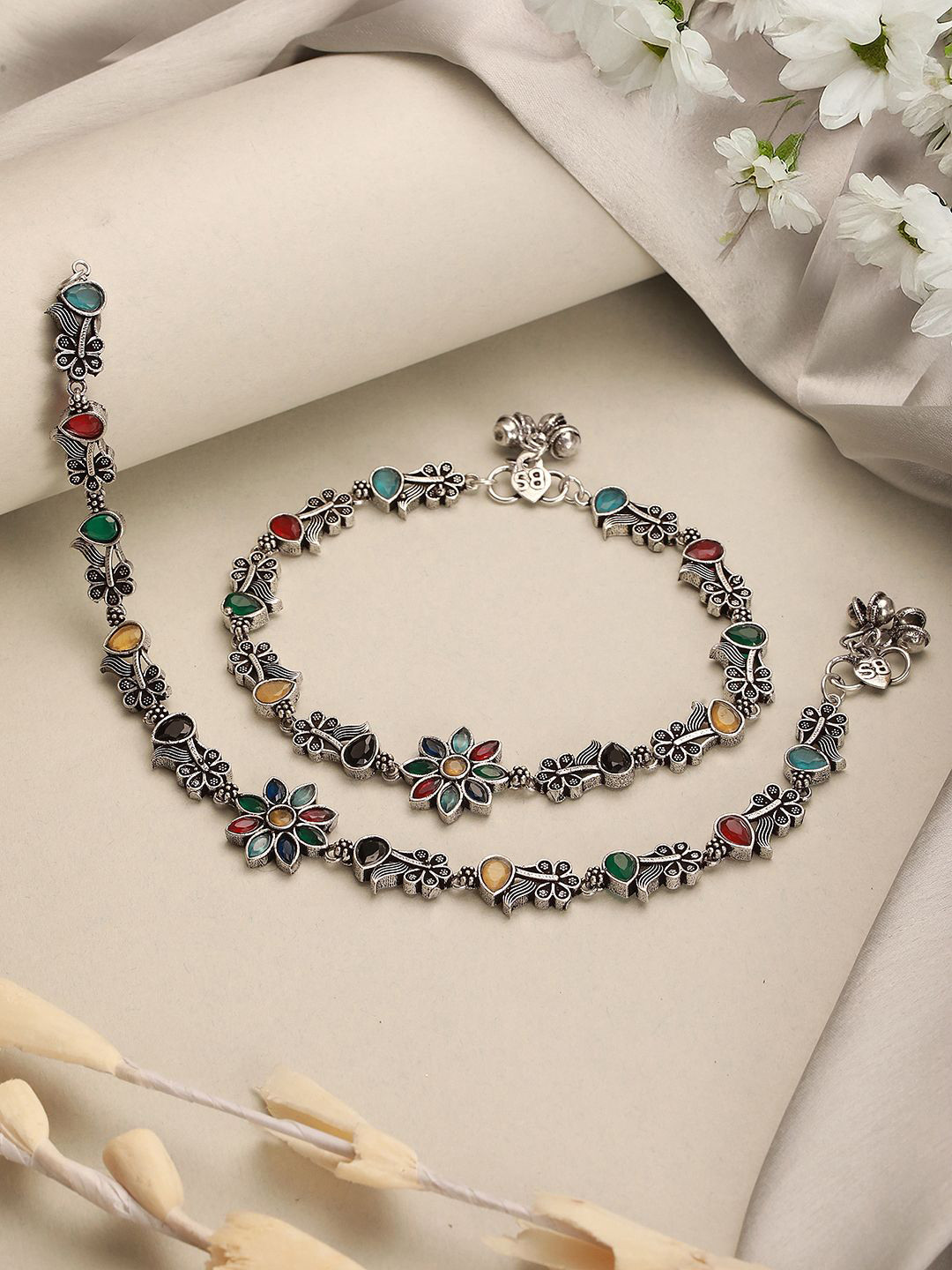 Saraf RS Jewellery Rhodium-Plated Artificial Stones Anklet