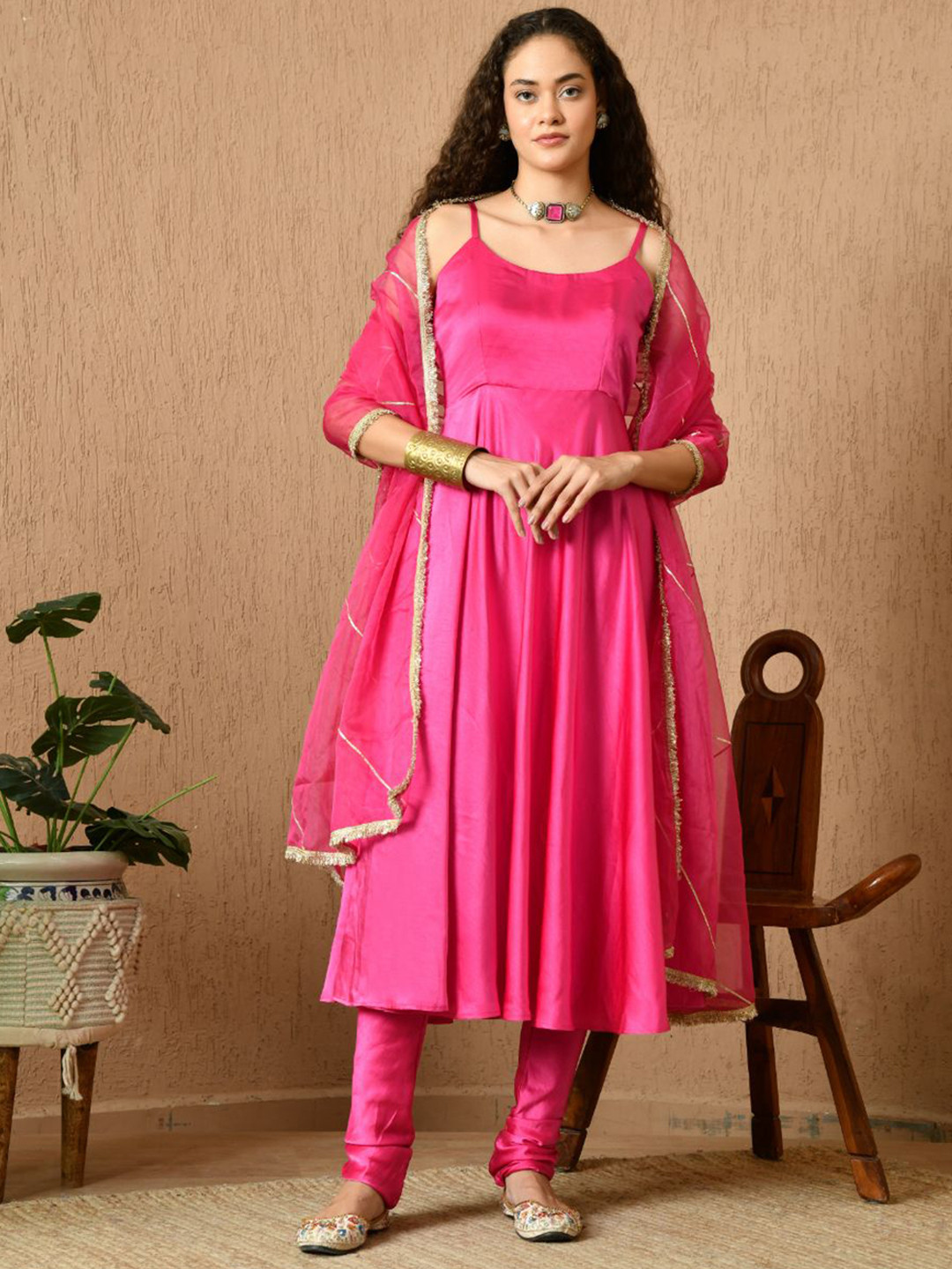 KELIN Shoulder Straps Gotta Patti Satin Anarkali Kurta & Churidar With Dupatta