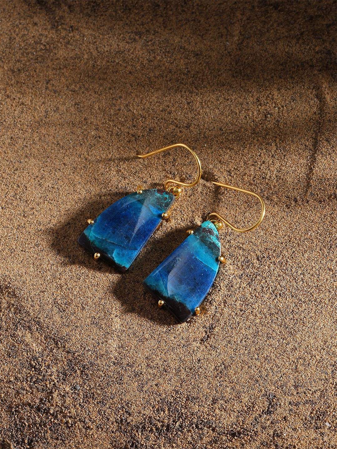 Exotic India Sterling Silver Gold-Plated Chrysocolla Stone Geometric Shaped Drop Earrings