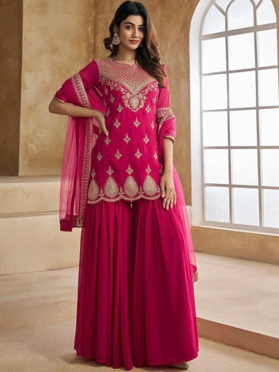 JAPNAAM Women Ethnic Motifs Regular Sequinned Kurta with Sharara & Dupatta
