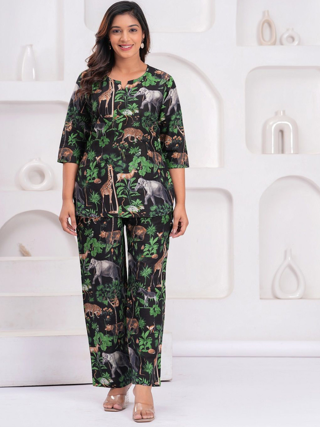 Nevisha Style Printed Round Neck Top With Trousers Co-Ords