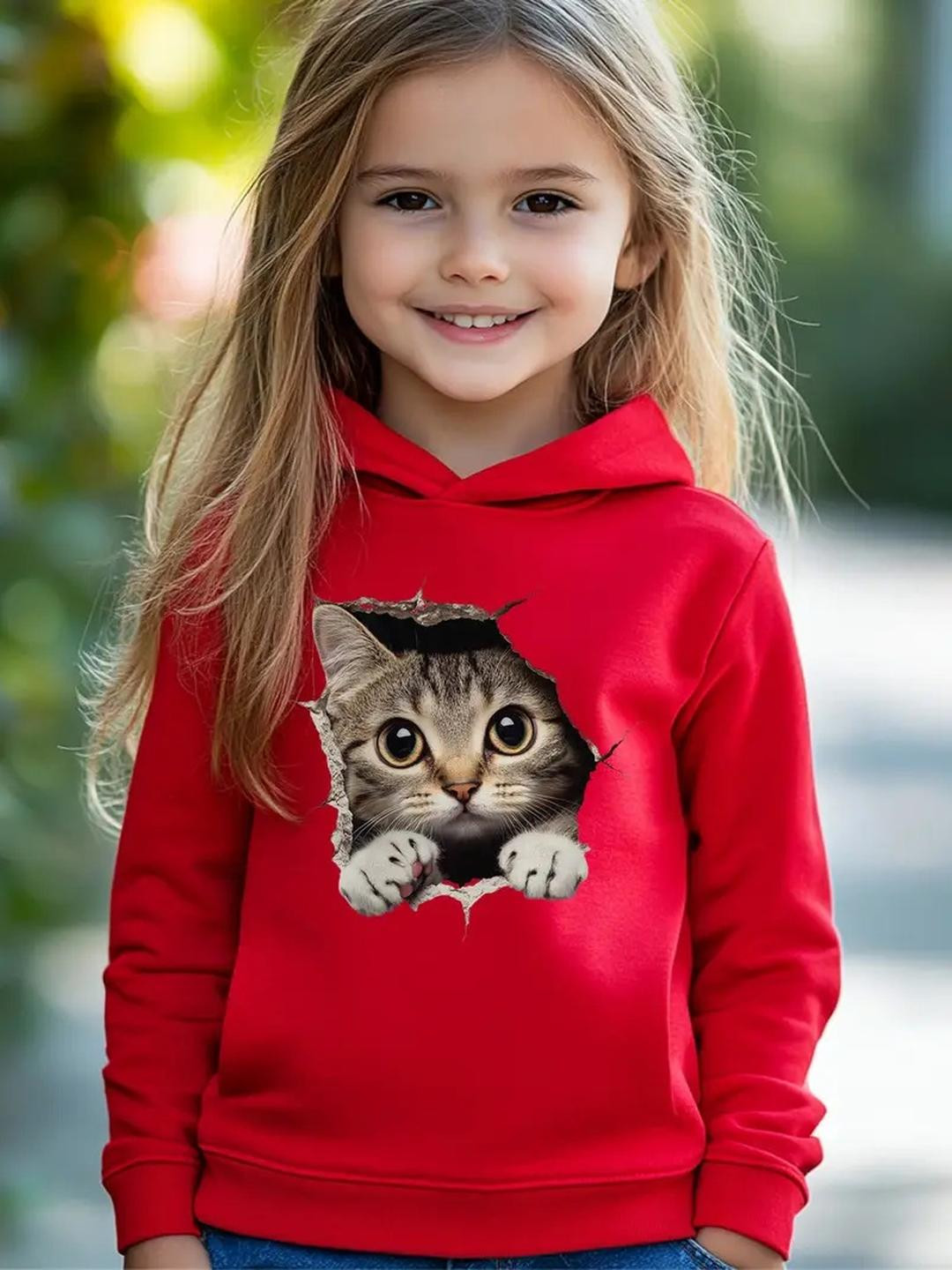 KEESOR Girls Cat Printed Hooded Sweatshirt