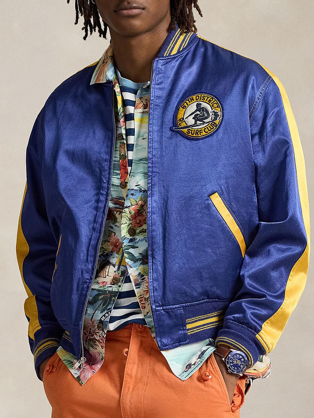 Polo Ralph Lauren Surf-Inspired Letterman Men Brand Logo Printed Mock Collar Bomber Jacket