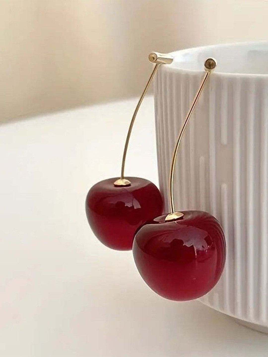 kazare Rhodium-Plated Cherry Red Quirky Shaped Drop Earrings