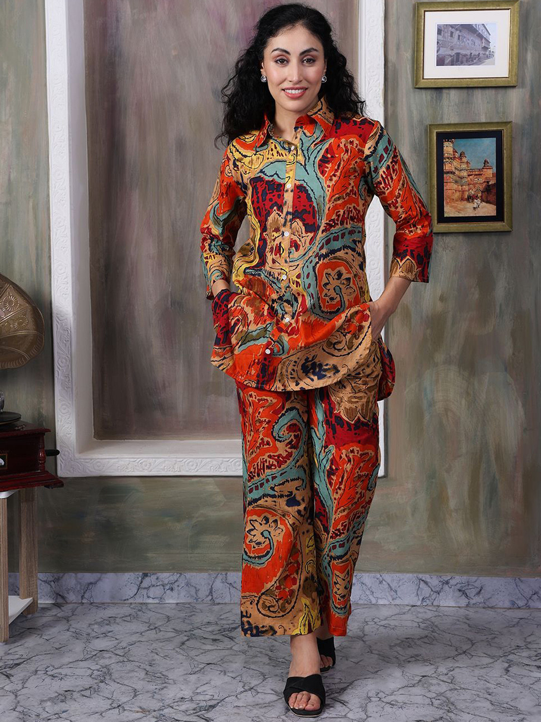 House Of Attire Pure Cotton Printed Collared Neck Tunic With Trousers Co-Ords