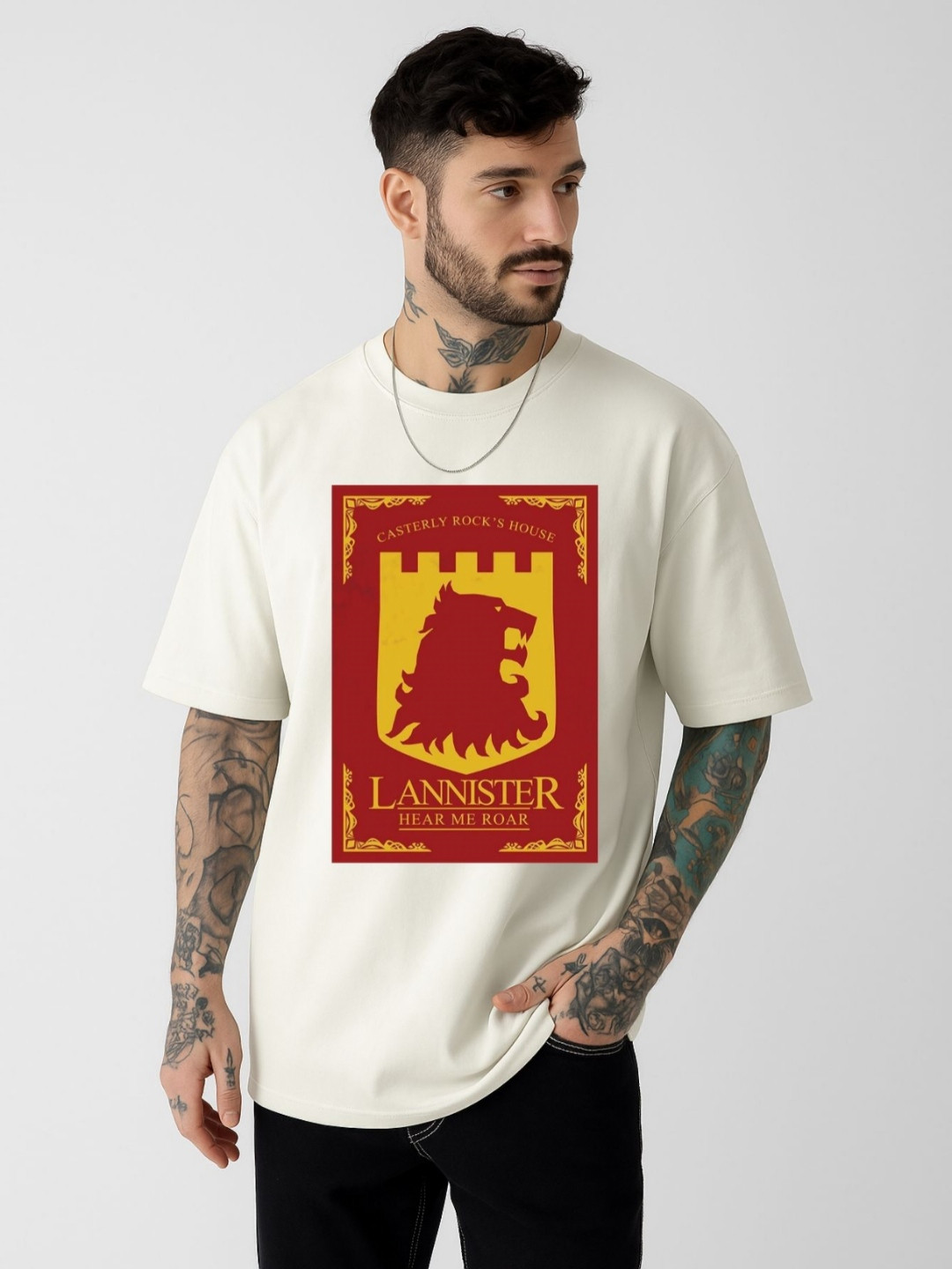 Be Crazy Men Game Of Thrones Print Drop-Shoulder Sleeves Oversized Longline Cotton T-shirt