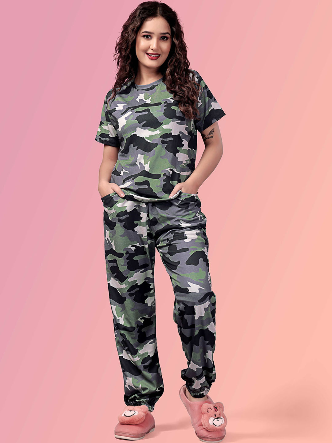 JK Creation Women Round Neck Camouflage Printed Night suit