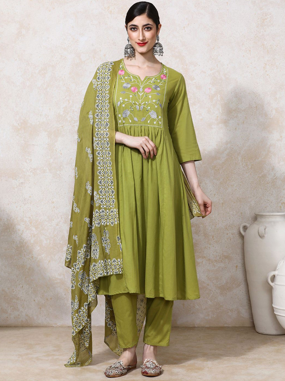 Moara Embroidered A-Line Solid Cotton Kurta & Trouser With Dupatta
