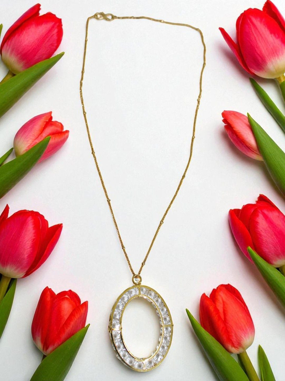 Jolly Faces Women Stones Studded Oval Shaped Pendant with Chain