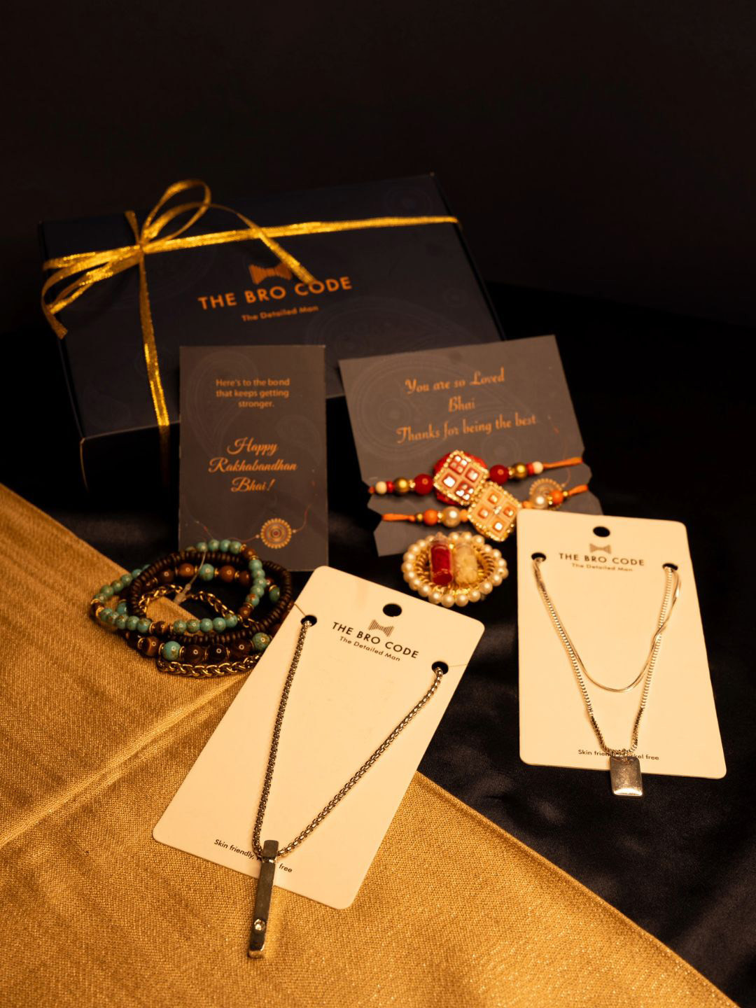 The Bro Code Set Of 2 Rakhis With Necklace & Bracelet, Roli Chawal
