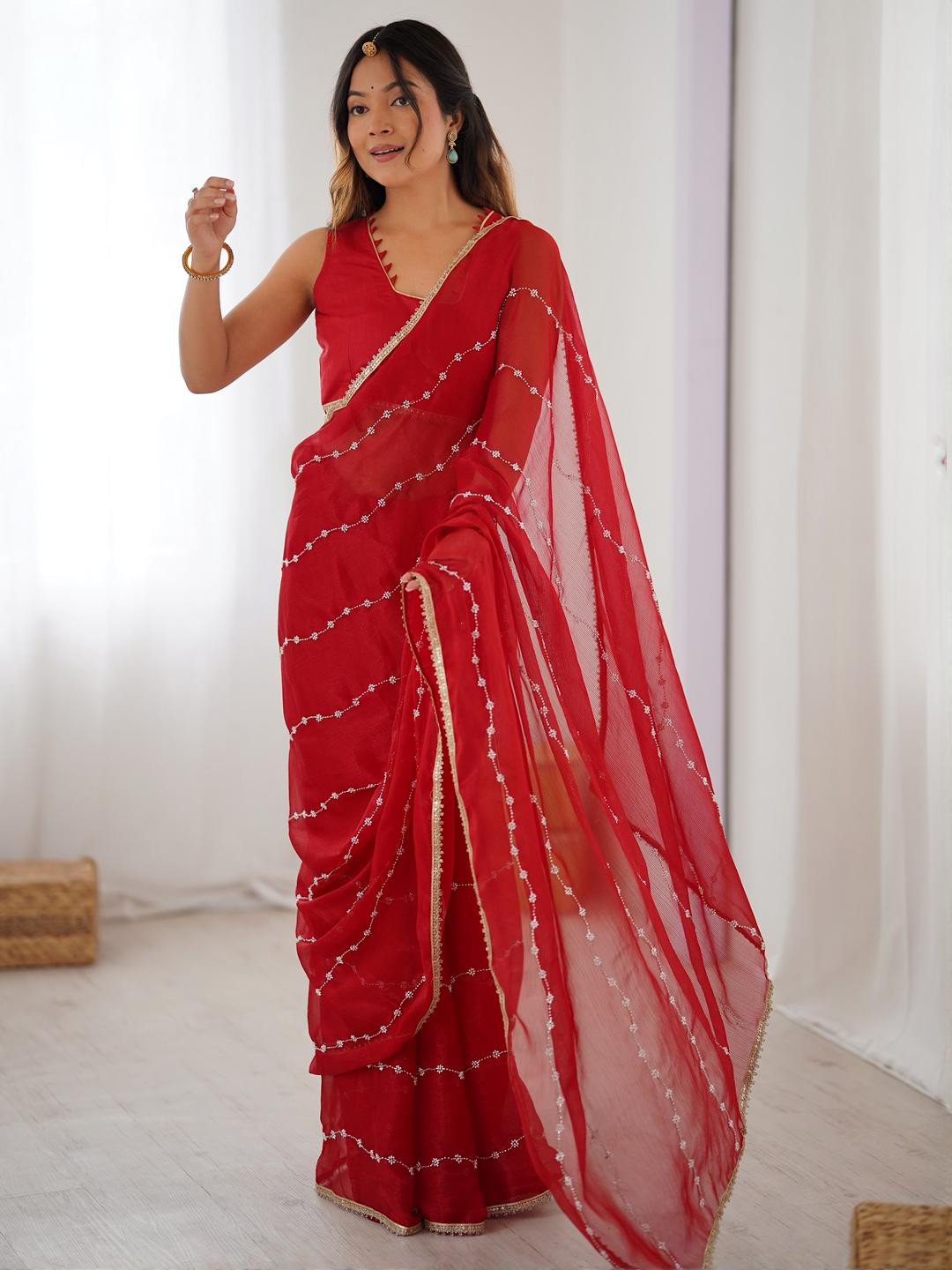 CaniBani Red Silk Blend Sarees