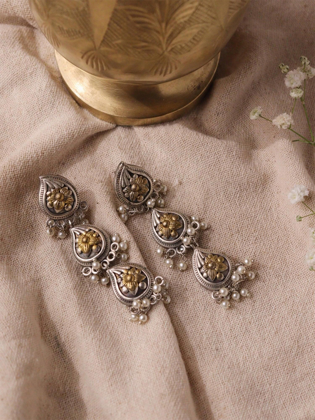 CURIO COTTAGE Aria Three of Paisley Stones Studded & Beaded Contemporary Drop Earrings