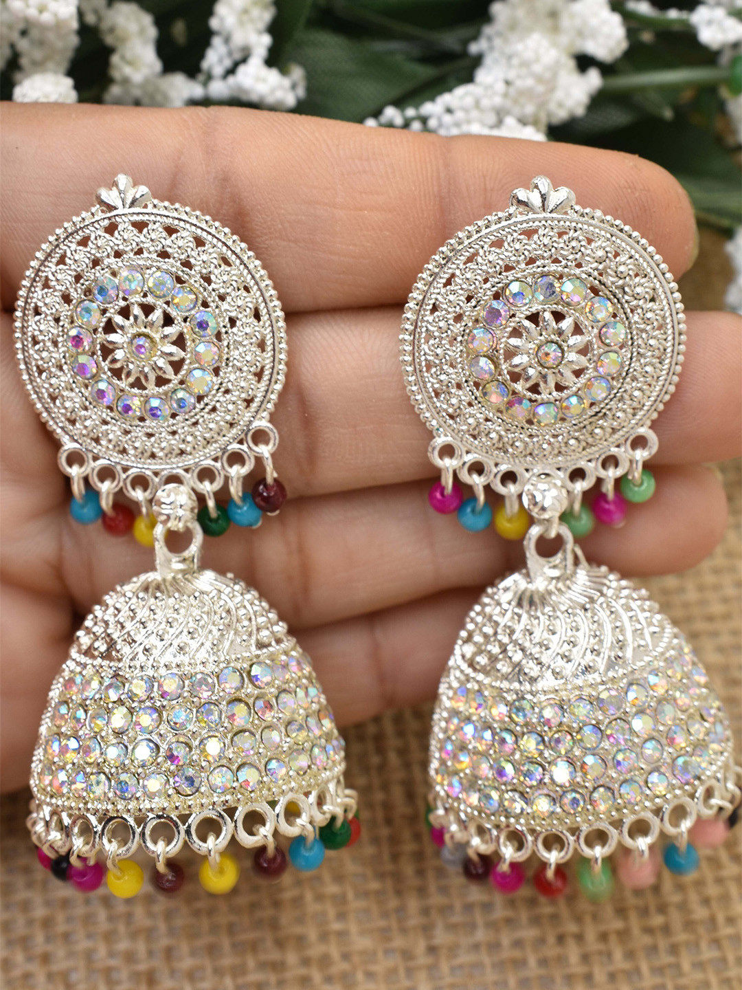 MEIRA JEWELLERY Stones Studded and Beaded Dome Shaped Jhumkas