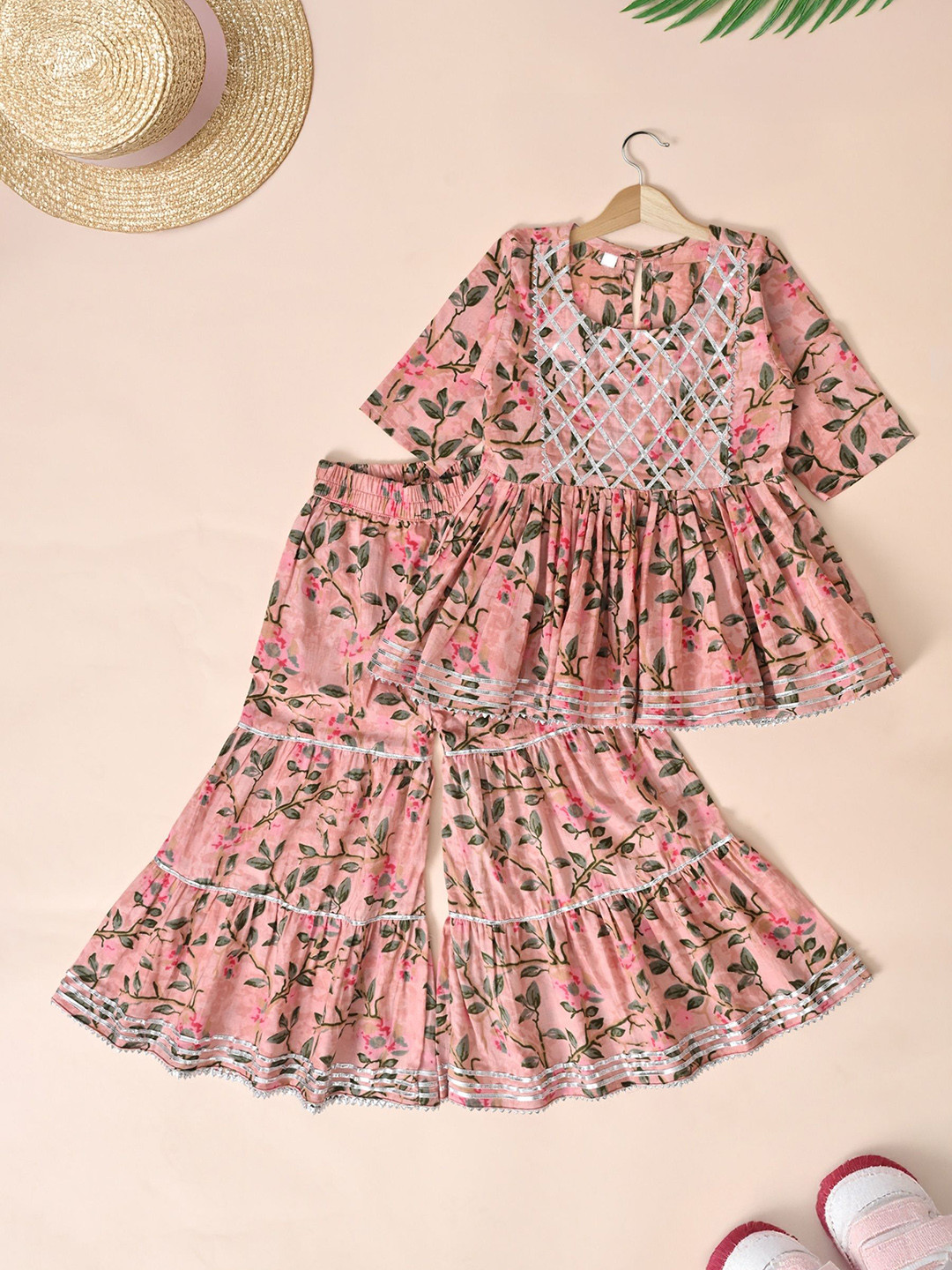 THE WEAVERS SHOP BY RAAVI Girls Floral Printed Cotton A-Line Kurta with Sharara